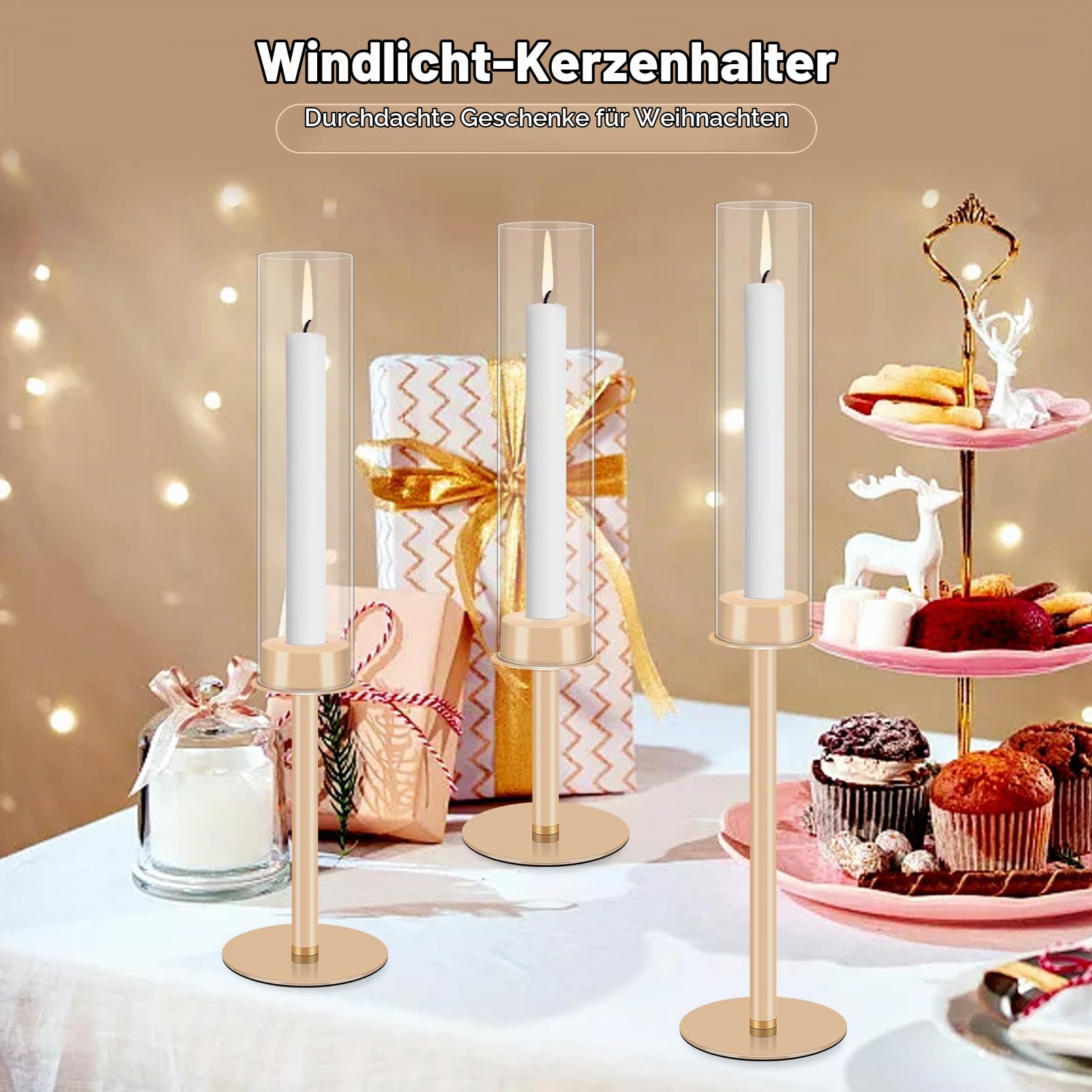 Gugxiom 6Pcs Gold Kerzenhalter, Glas Hurricane Kerzenhalter Gold, Kerzenhalter für Stumpenkerzen, für Haus Dekoration, Hochzeit, Essen, Party Dekorativ