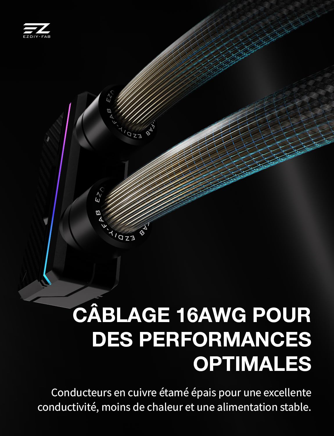 EZDIY-FAB Câble d'extension pour Alimentation PC UNIFAS ARGB 24 Broches, Extension d'alimentation ATX 24 Broches 16AWG, Design à Double Tube unifié pour Une Gestion Propre des câbles PC, Noir
