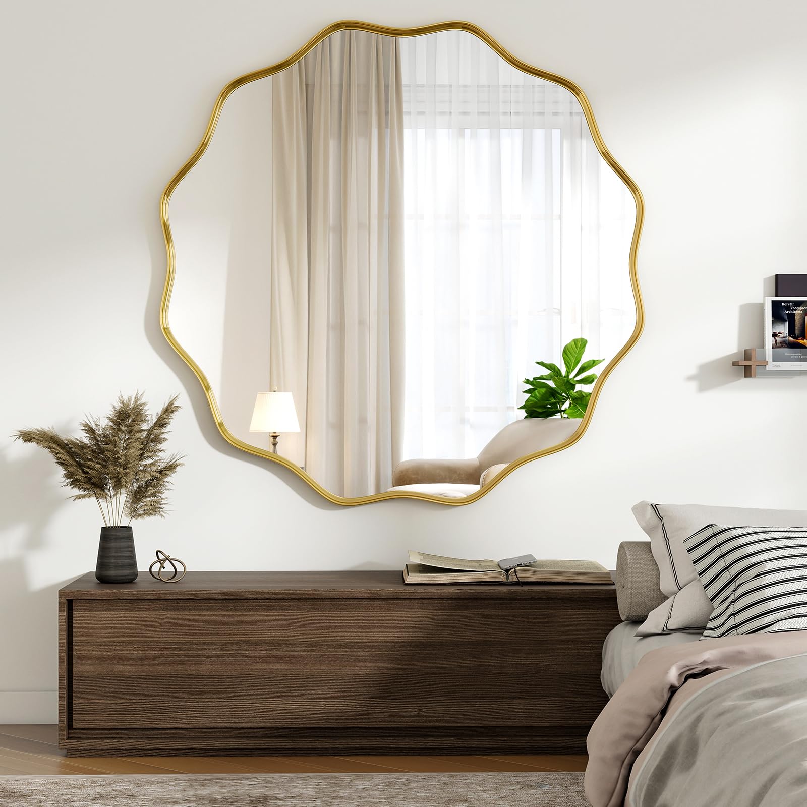 BEAUTYPEAK Miroir rond de 106 cm - Avec bord ondulé - Cadre en aluminium - Grand miroir rond à suspendre et à s'appuyer - Miroir mural rond pour chambre à coucher, salle de bain, couloir - Doré