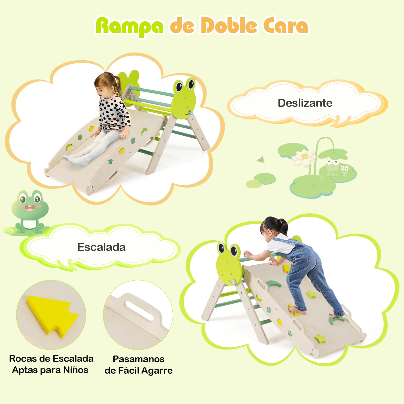 COSTWAY Triángulo de Escalada Interior, Estructura de Escalada Plegable con Tobogán, Arco de Escalar, Triángulo de Madera para Niños de 1+ año (Rana-3 Piezas,Verde)