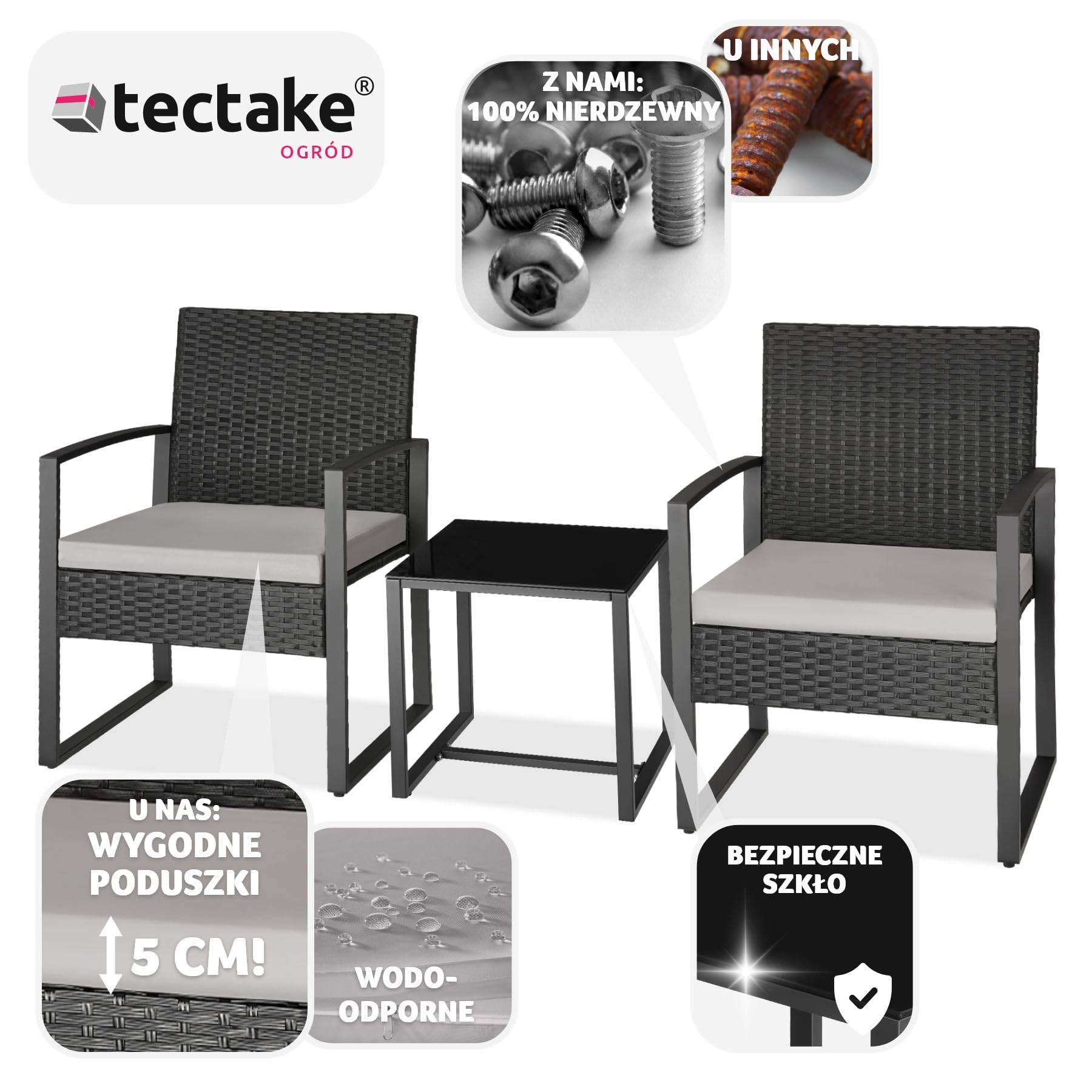 tectake® Rattanowy Zestaw Wypoczynkowy Granada ze Stolikiem dla 2 Osób, UV Odporny Polirattan, Wodoodporne Pokrowce, Stolik ze Szkłem, Regulowane Nóżki, Łatwy Montaż