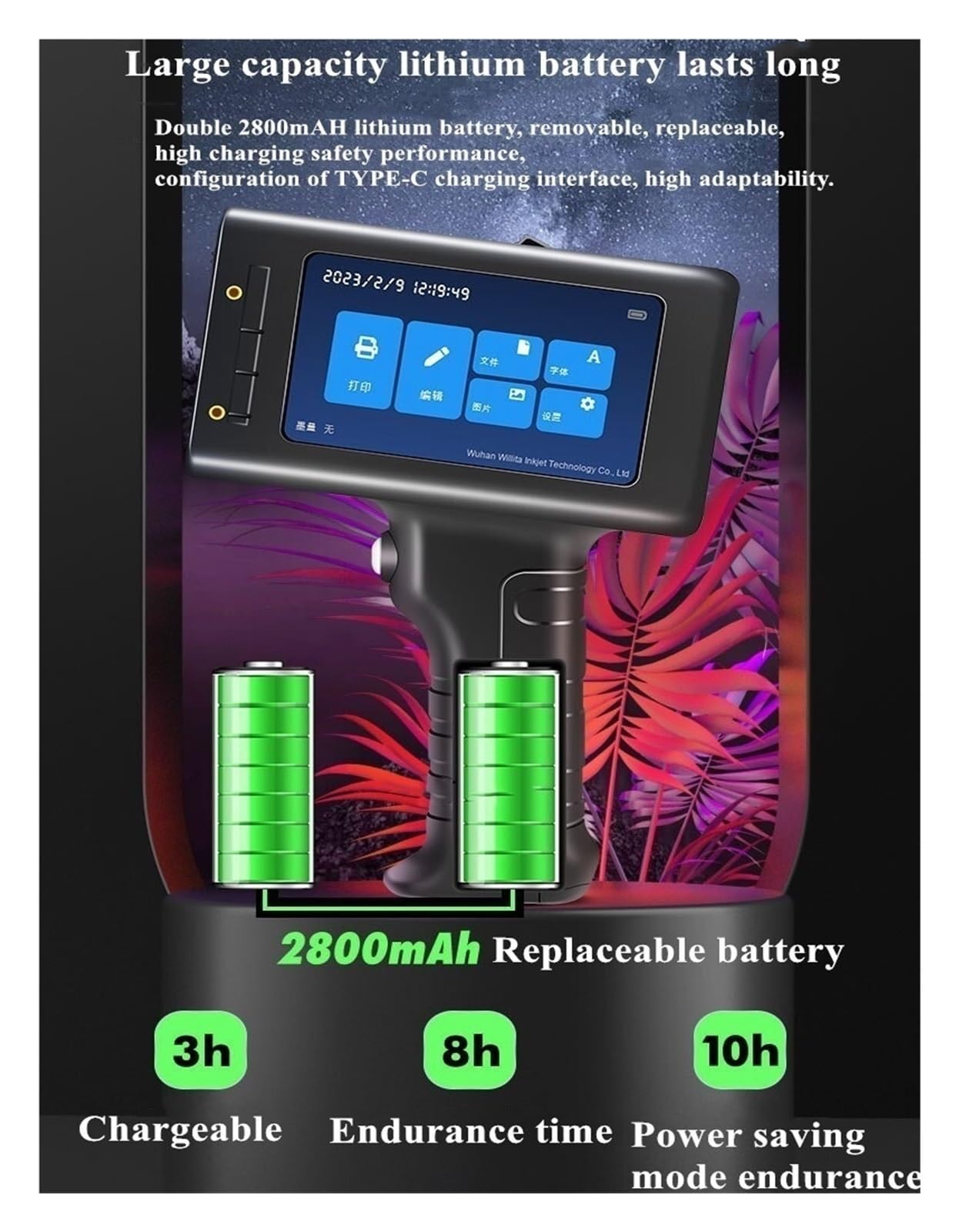 Stampante portatile, Stampante portatile portatile con etichetta di numerazione del codice batch variabile online da 12,7 mm, stampante termica intelligente a getto d'inchiostro(Only 1 Black Ink)