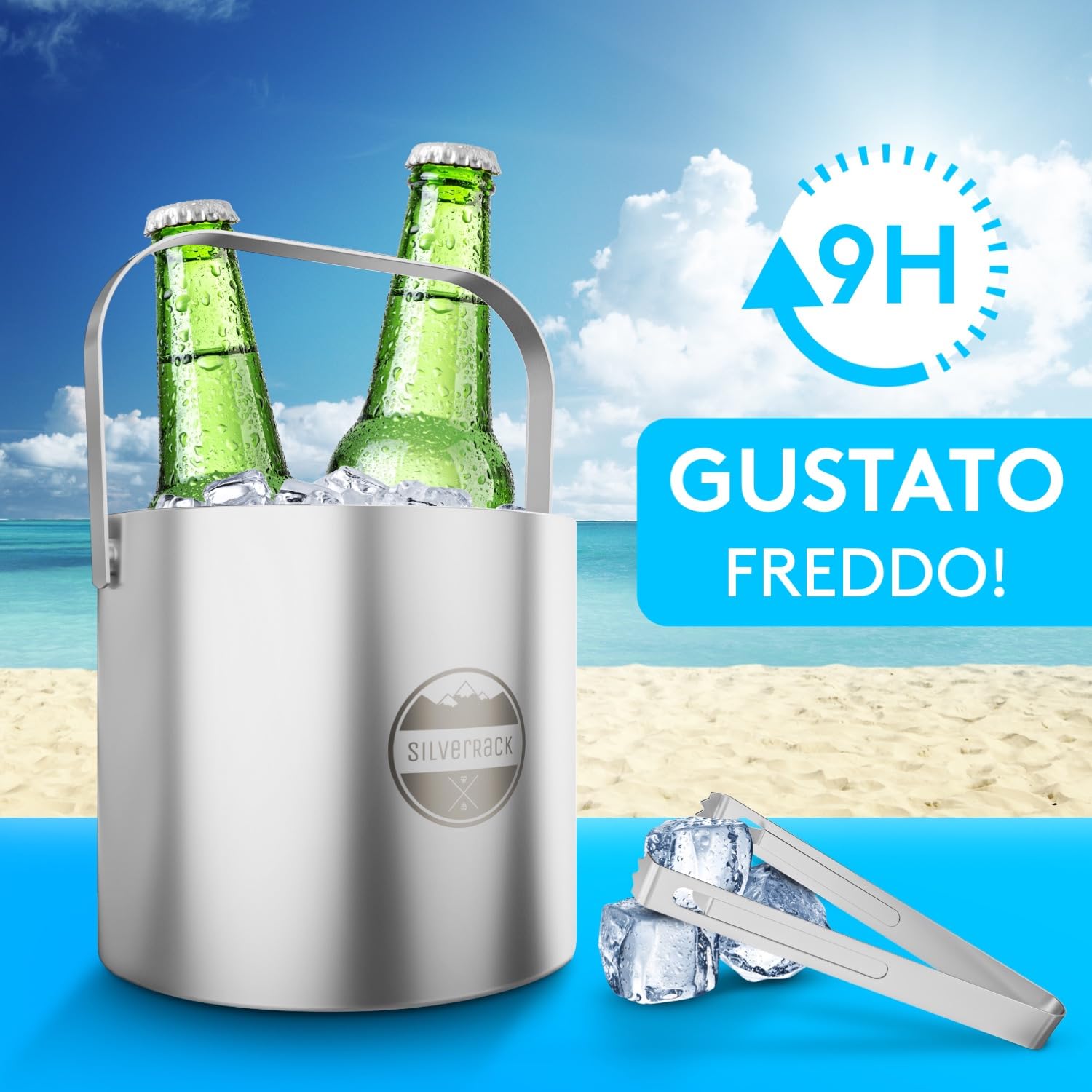 SilverRack - Contenitore per cubetti di ghiaccio in acciaio INOX, con coperchio e pinza per frutta e ghiaccio, ideale per picnic, feste o matrimoni, 1. Basic