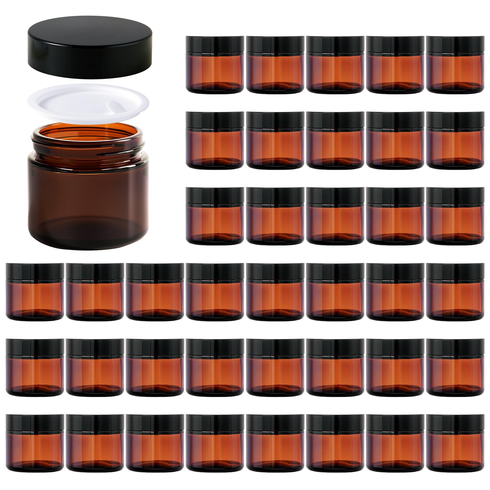 2oz Jars with Lids, HOA Kinh 40 Pack Amber Glass Jars with Lids Empty Cosmetic Containers Round Airtight Glass Jar with Black Lid for Storing Lotions