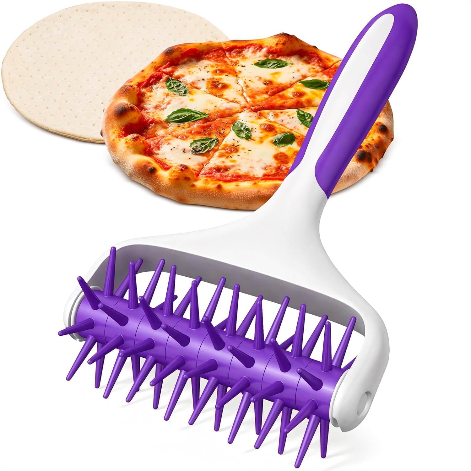 Pizza Docker Roller - 7.7" X 4.8" Plastic Pizza Dough Roller for Even Crust Prep, Non-Slip Grip Handle & Staggered Spikes Prevent Air Pockets, Lightweight Tool for Flatbreads & Pies