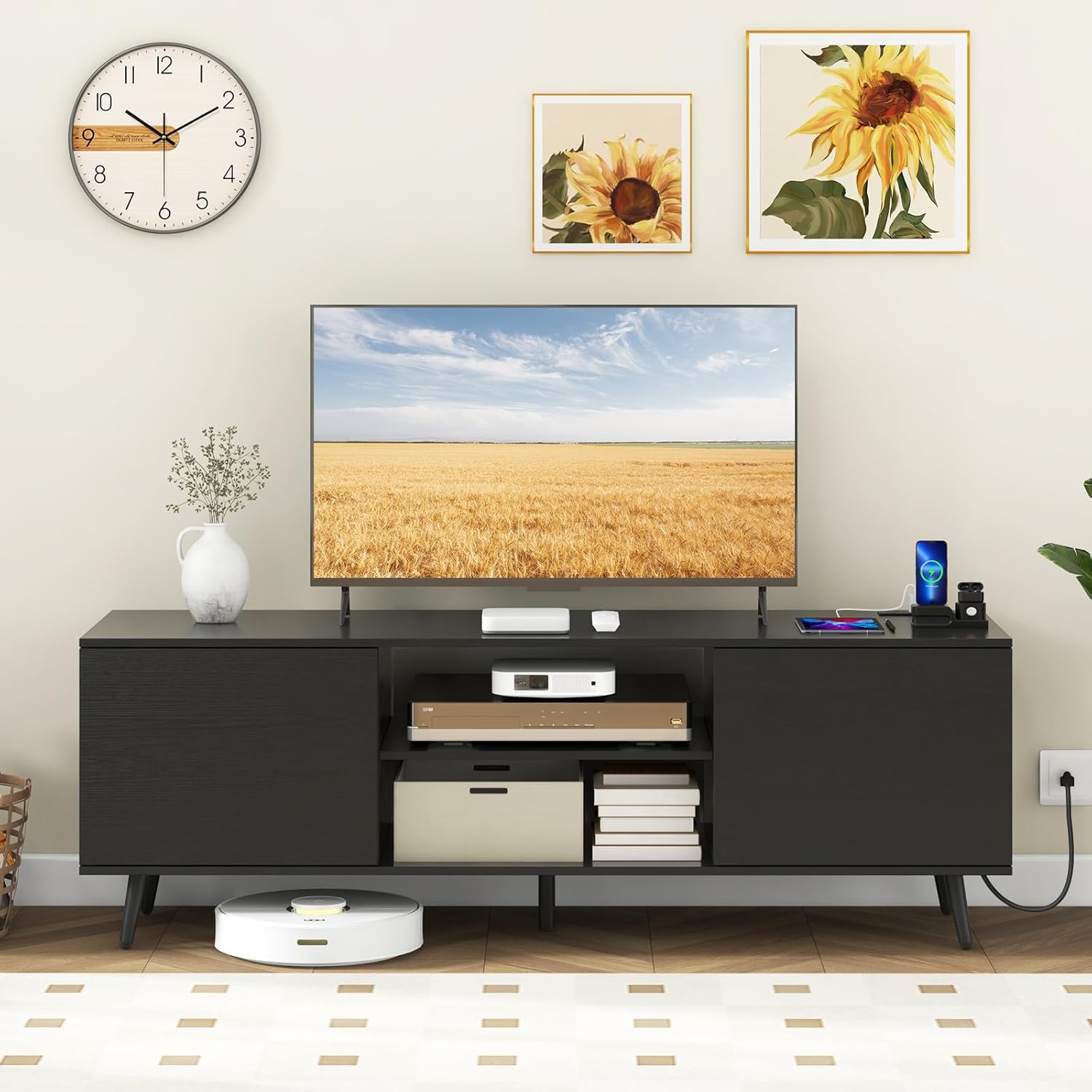 Giantex TV Stand with Power Outlet for TVs up to 60'', Entertainment Center with Cable Hole, Cabinets, Adjustable Shelf, Modern Media Console, Television Stands for Living Room Bedroom (Black)