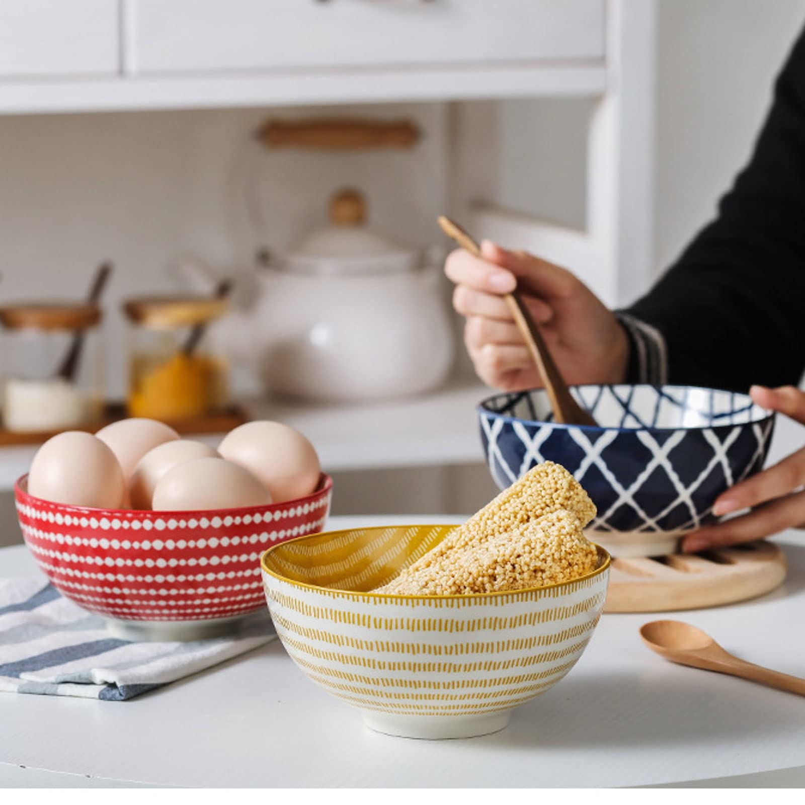Ramen - Ciotole da zuppa per curry, 15 cm, grandi ciotole da portata per cucina, riso, pasta, zuppa, snack, porcellana, ramen, stoviglie, per casa, hotel, blu marino, set da 4 pezzi