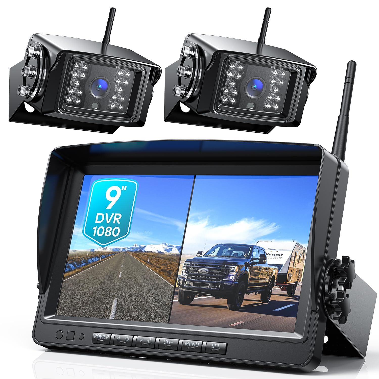 Fookoo HD 1080P 9" Wireless RV Dual Backup Camera System with Recording