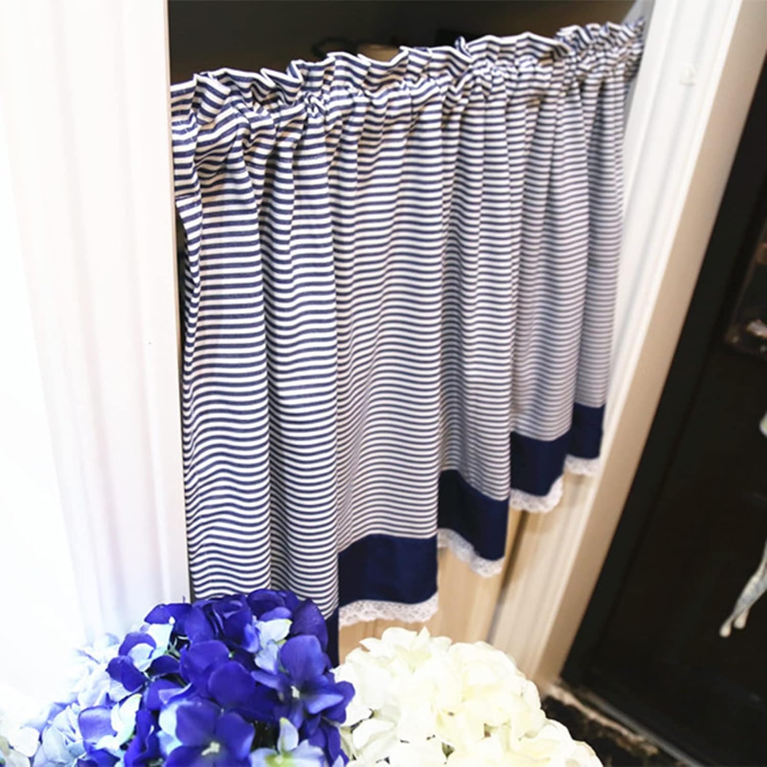 Kitchen Curtains Cotton Dark Blue Striped Tier Curtains, Small Window Curtains Valance Light Filtering, for Cafe/Cupboard/Bathroom/RV (Size : W130xH60cm/51x23.6in)