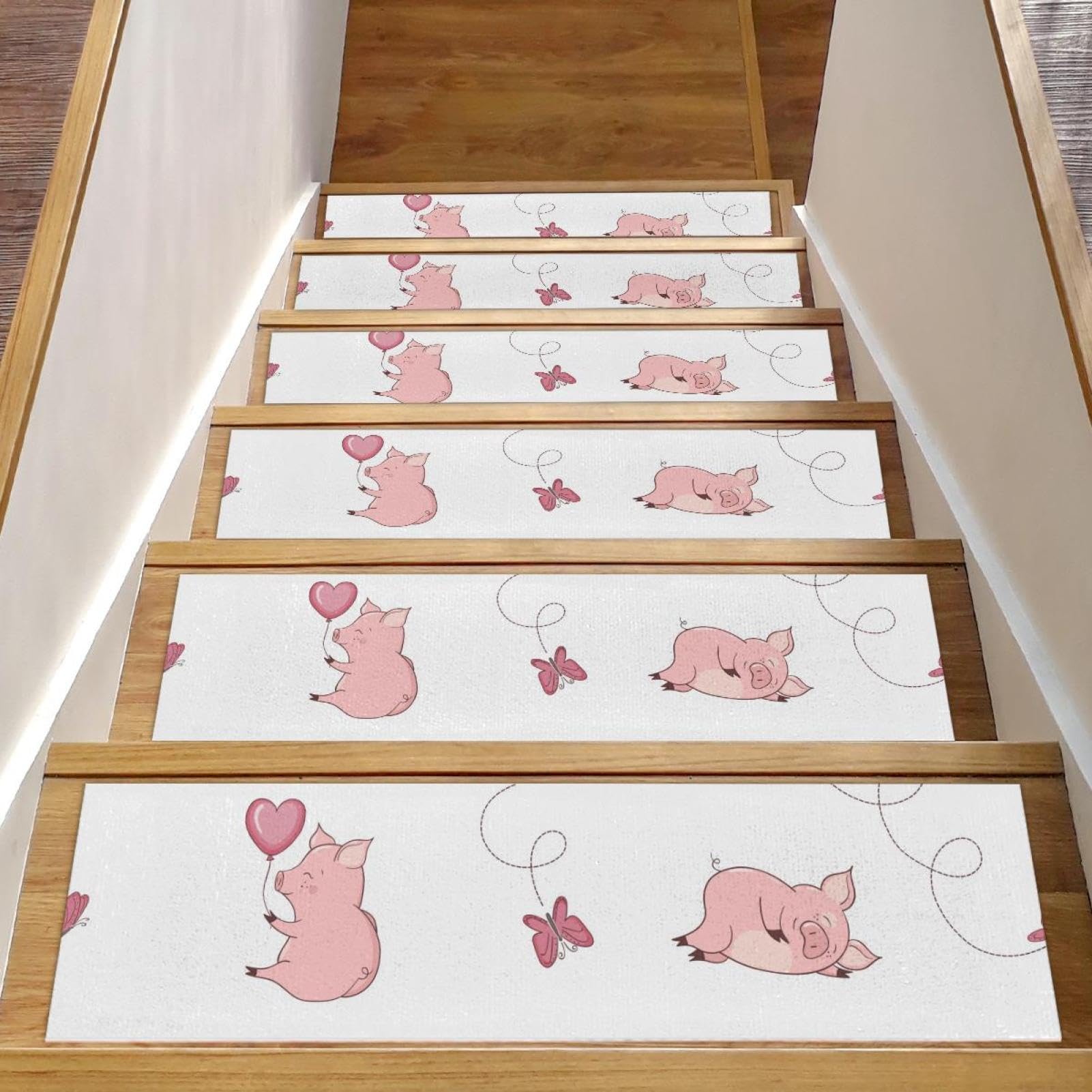 Alfombrillas de cometa de cerdo rosa de 8 x 30 pulgadas para escaleras de madera de niños y perros