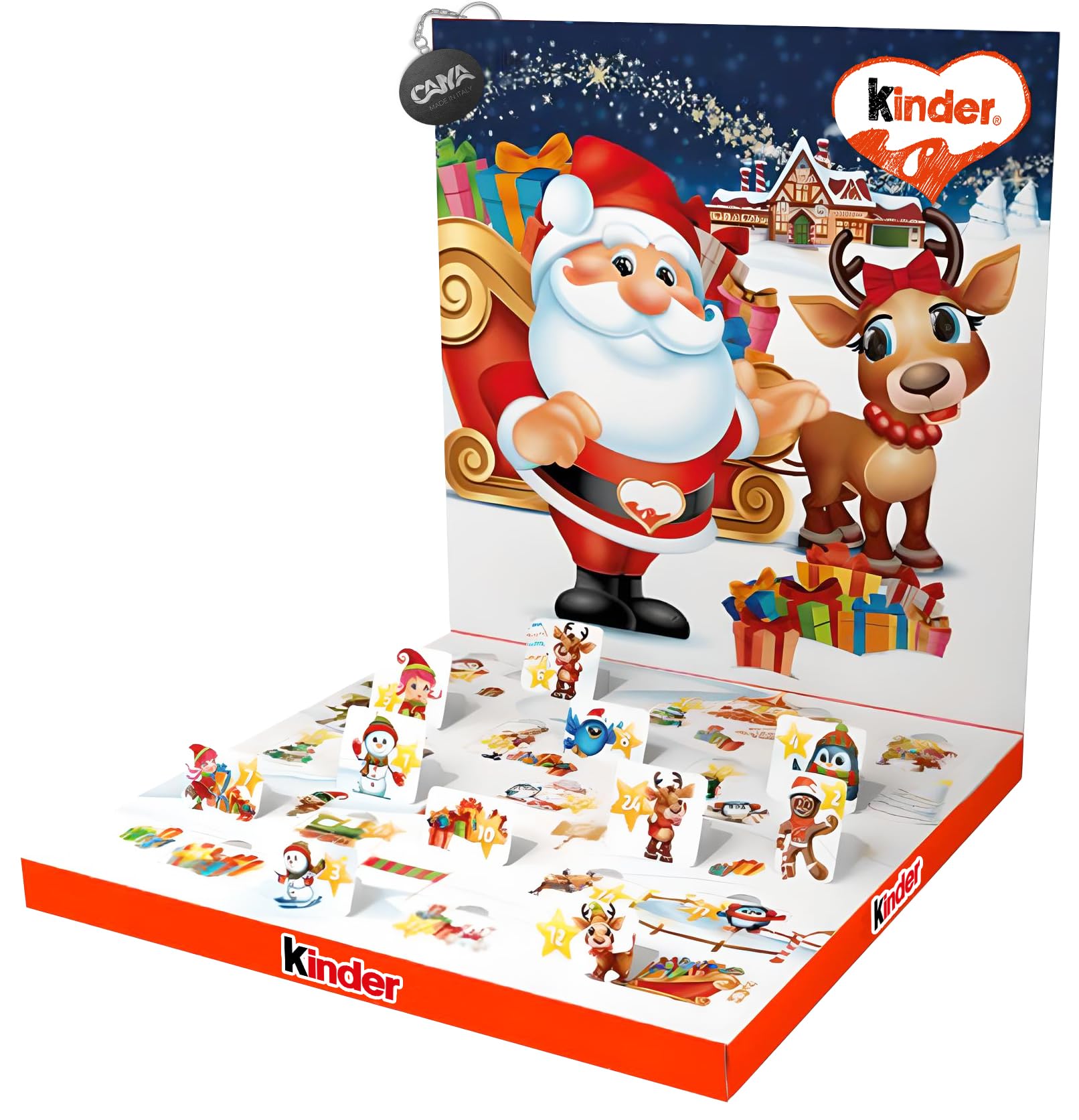 Kinder Calendario dell'Avvento NUOVO 2024 con Mini Eggs, Cuoricini, Figura Cave e Mini Cioccolato 123g con Portachiavi CAIYA®