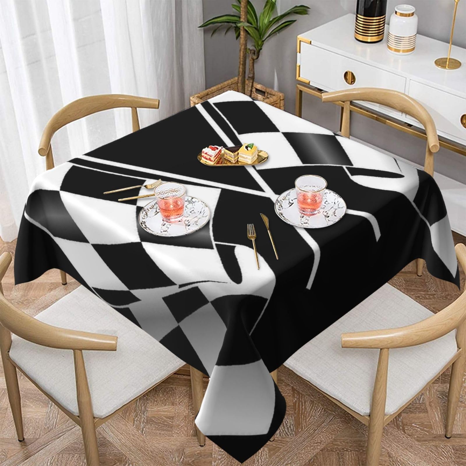 DCEHGEW Black White Formula Checkered Flags Pattern Prints Square Tablecloth 152x152 CM, Waterproof Fabric Table Cloth for Dining Table, Farmhouse Table Cover for Kitchen Dining Tabletop Decoration