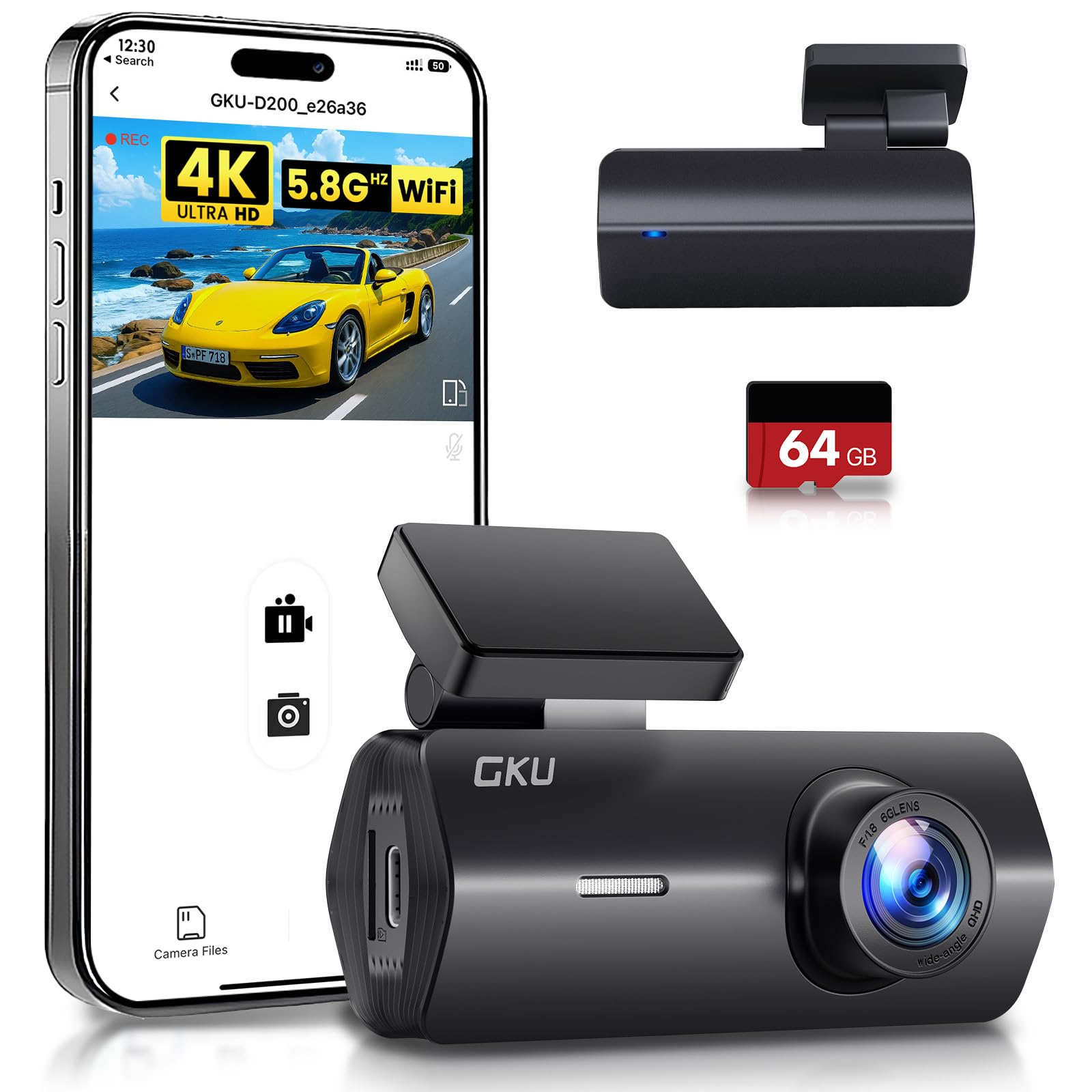 GKU 4K Dash Cam,Dash Cam Front with UHD 2160P, 5.8GHz WiFi DashCam,24H Parking Monitor,Night Vision,WDR,170° Wide Angle,Loop Recording,G-Sensor,DashCam Front Includes 64GB SD Card,Supports 256GB Max.