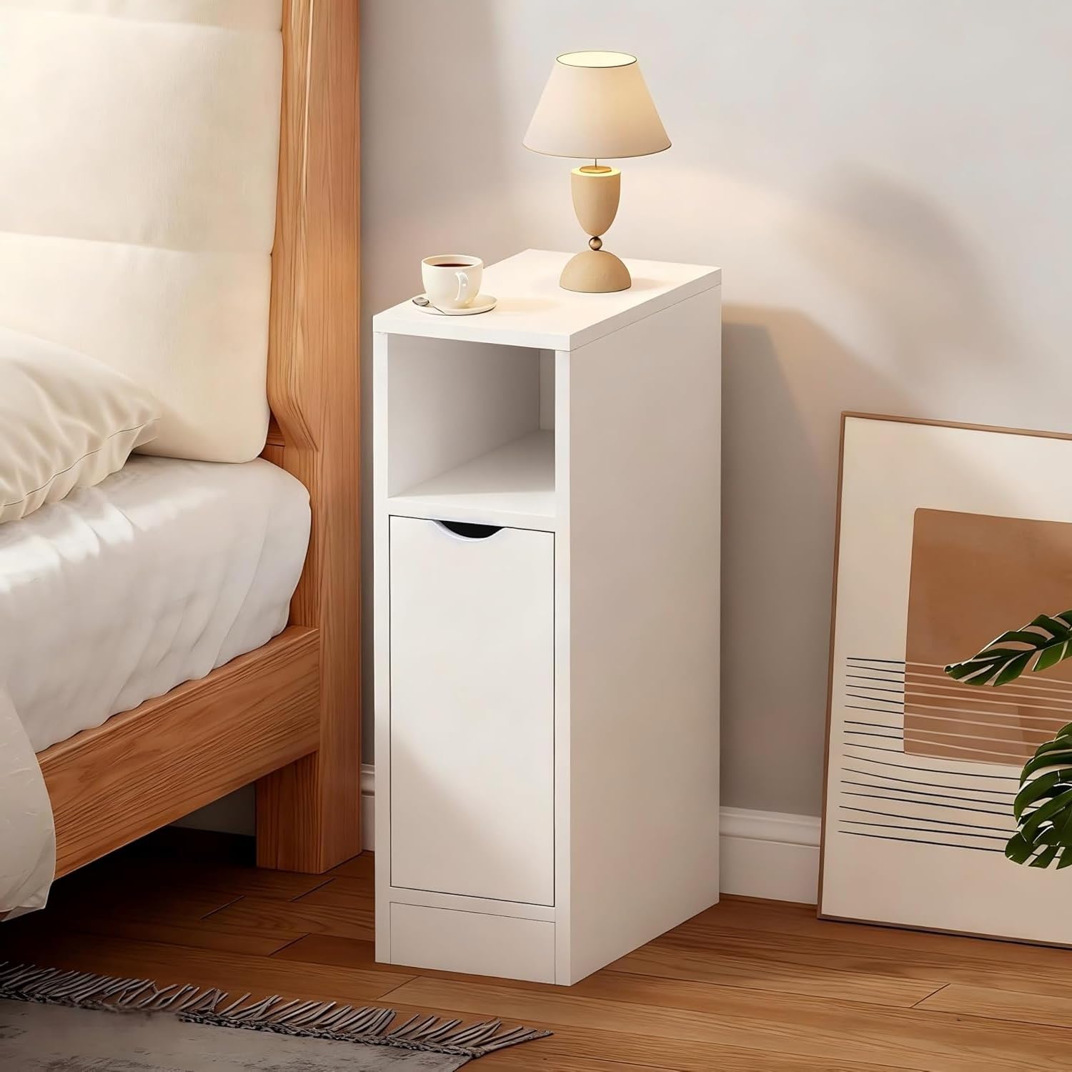 Pantanal Slim Wood Bedside Table Bedroom Nightstand with Shelf and Door, Narrow Bathroom Small Floor Storage Cabinet Living Room End Table Sofa Side Table (white#3)