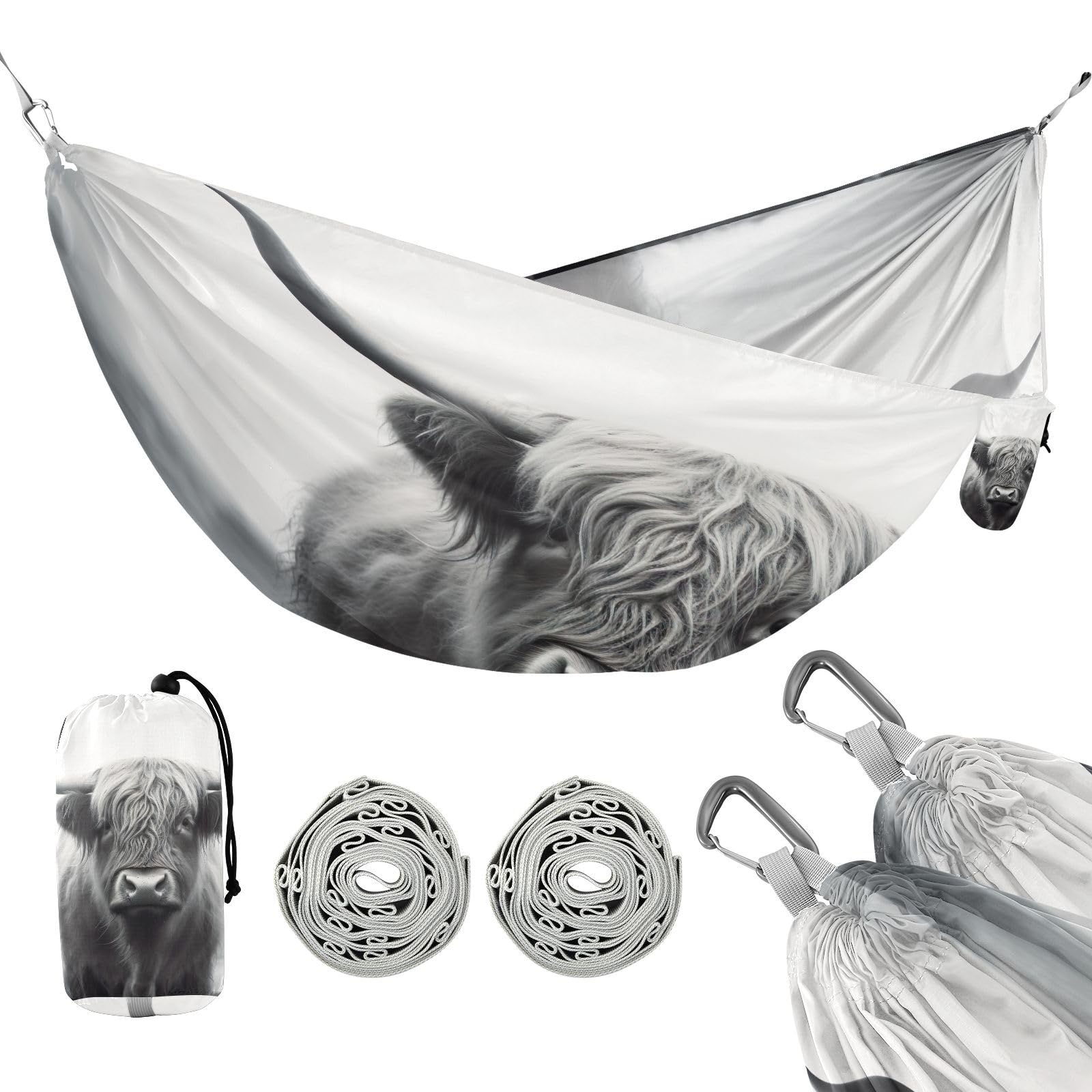 Haskirky Highland Cow Camping Hammock, Single Portable Hammocks with Tree Straps & Attached Carry Bag, 330Lbs Capacity Perfect for Outside Indoor Hiking Beach Backpack Travel