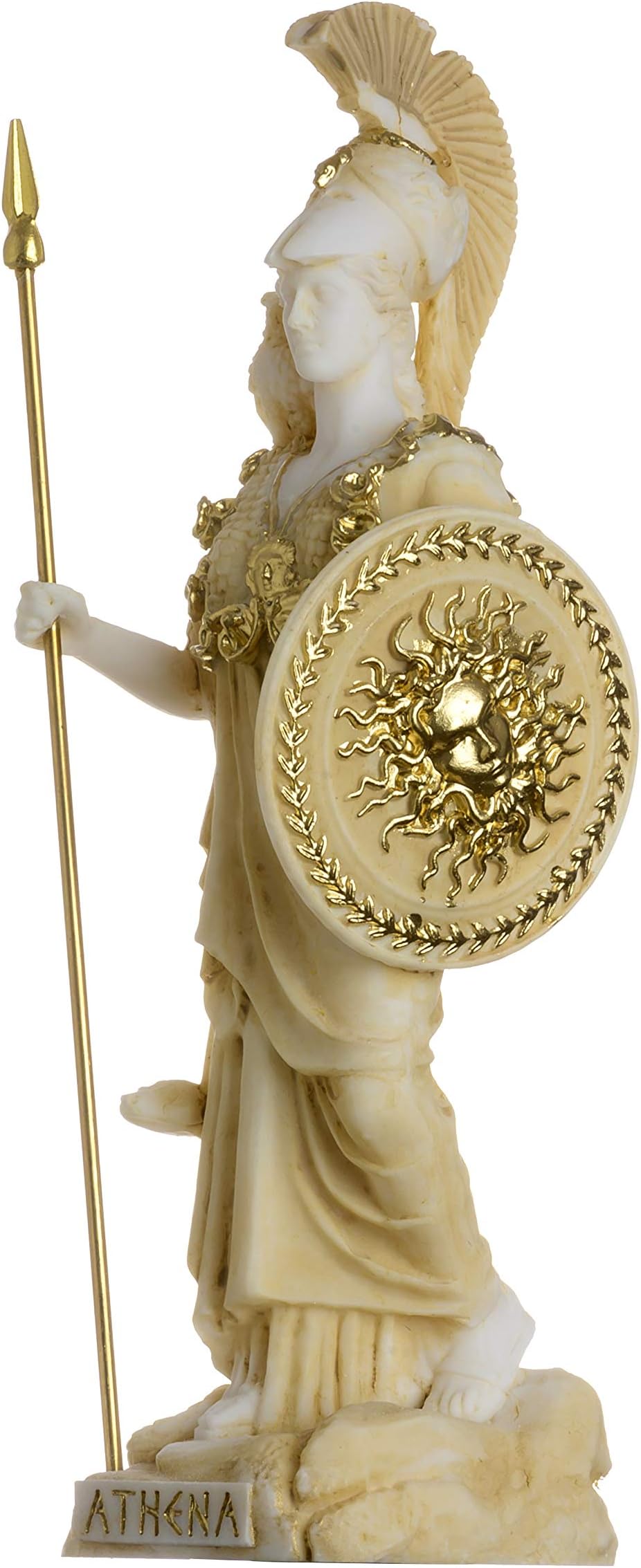 Athena with Owl Medusa Shield Greek Goddess Alabaster Statue Gold 6.69"
