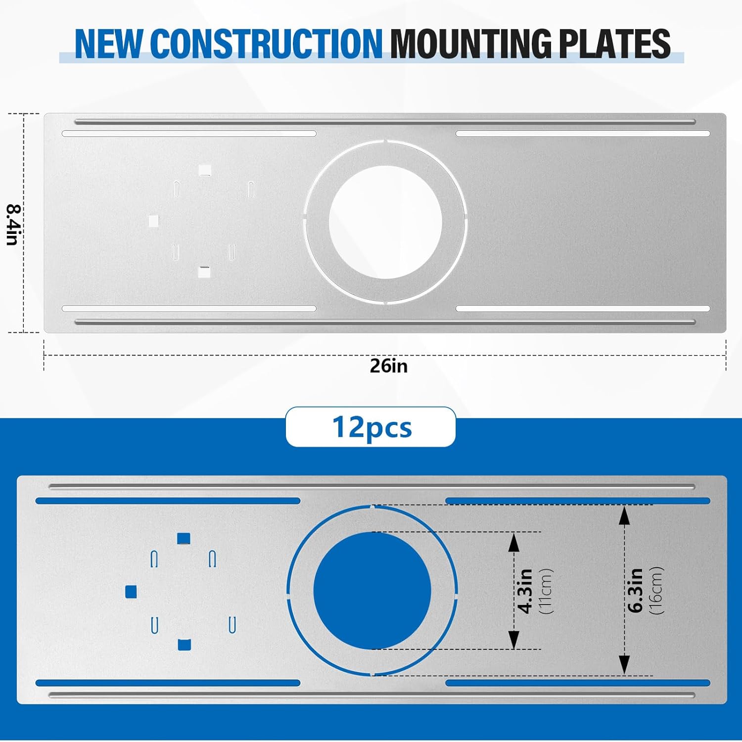 Blulu 12 Pcs New Construction Mounting Plate 4/6 Inch LED Recessed Lighting Kits for LED Bar Light Mounting with Notches Housing Flat Steel Rough in Bracket Fixture