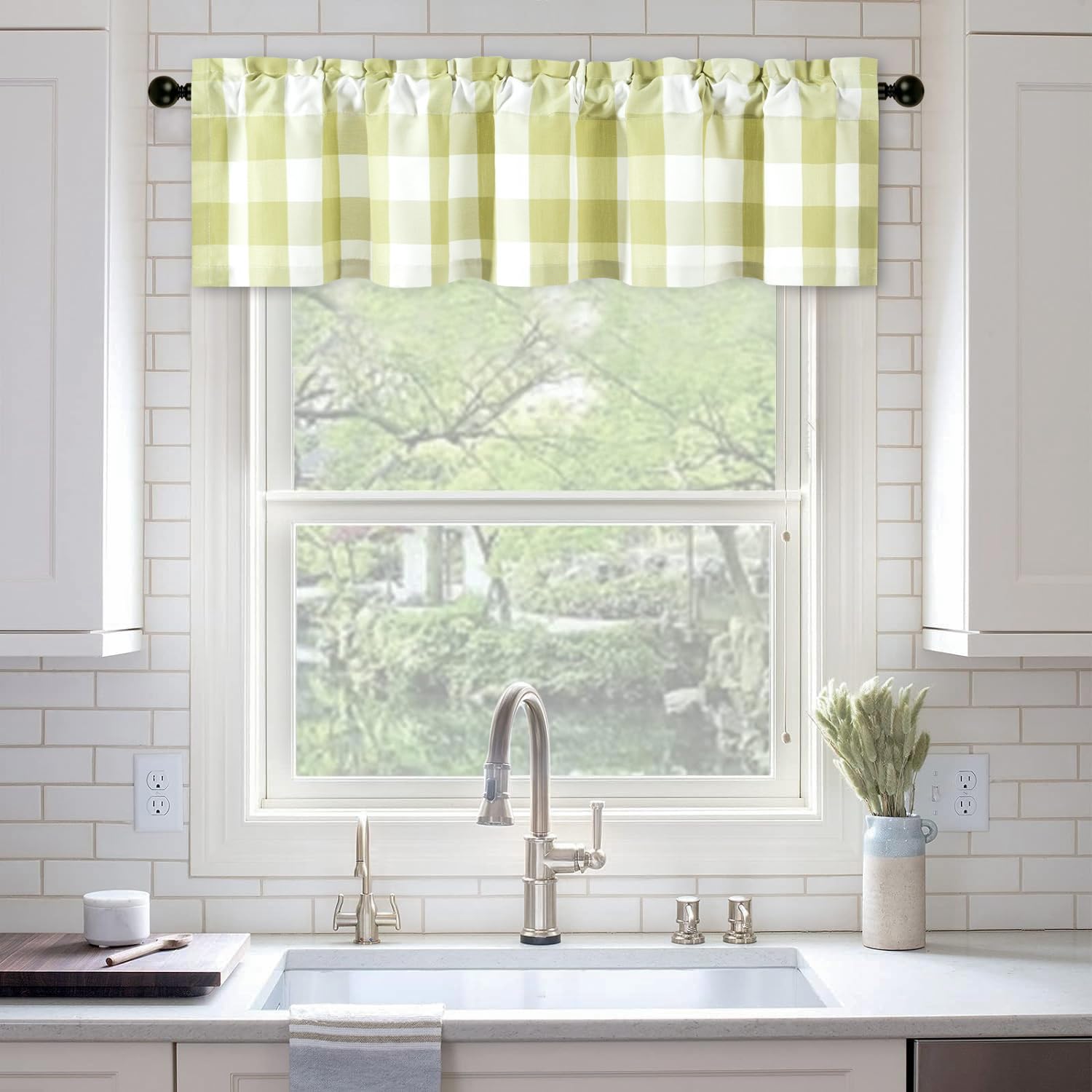 VOGOL Buffalo Check Jacquard Curtains Valance, Green Plaid Pattern Light Filtering Valances for Bedroom Bathroom, Decorative Rod Pocket Drapes for Office, 52 x 12, 1 Panel