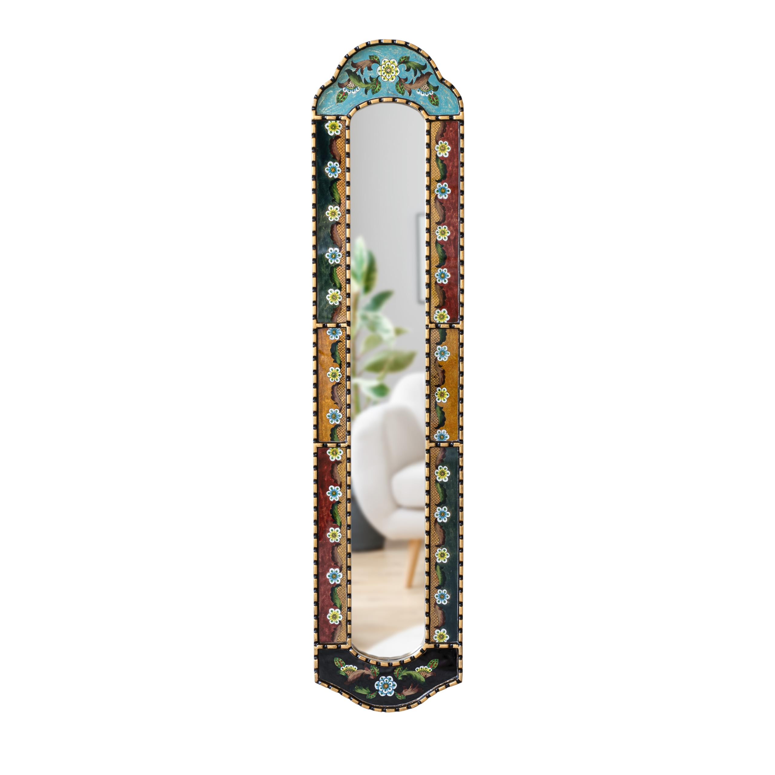 Artisan Long Narrow Wall Mirror - Peruvian Hand-Painted Glass Long Skinny Mirrors for Wall, 35.8" Tall