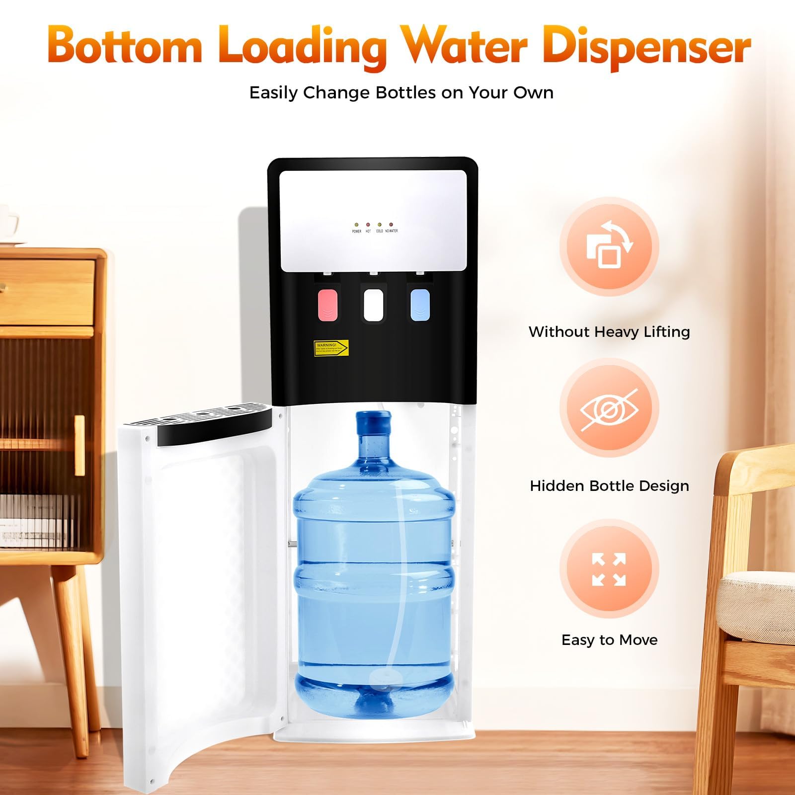 Dispensador Enfriador de Agua de Carga Inferior para Botellas de 5 galones, con 3 temperaturas, boquillas para Calor/frío/habitación, para Gimnasio en casa y Oficina