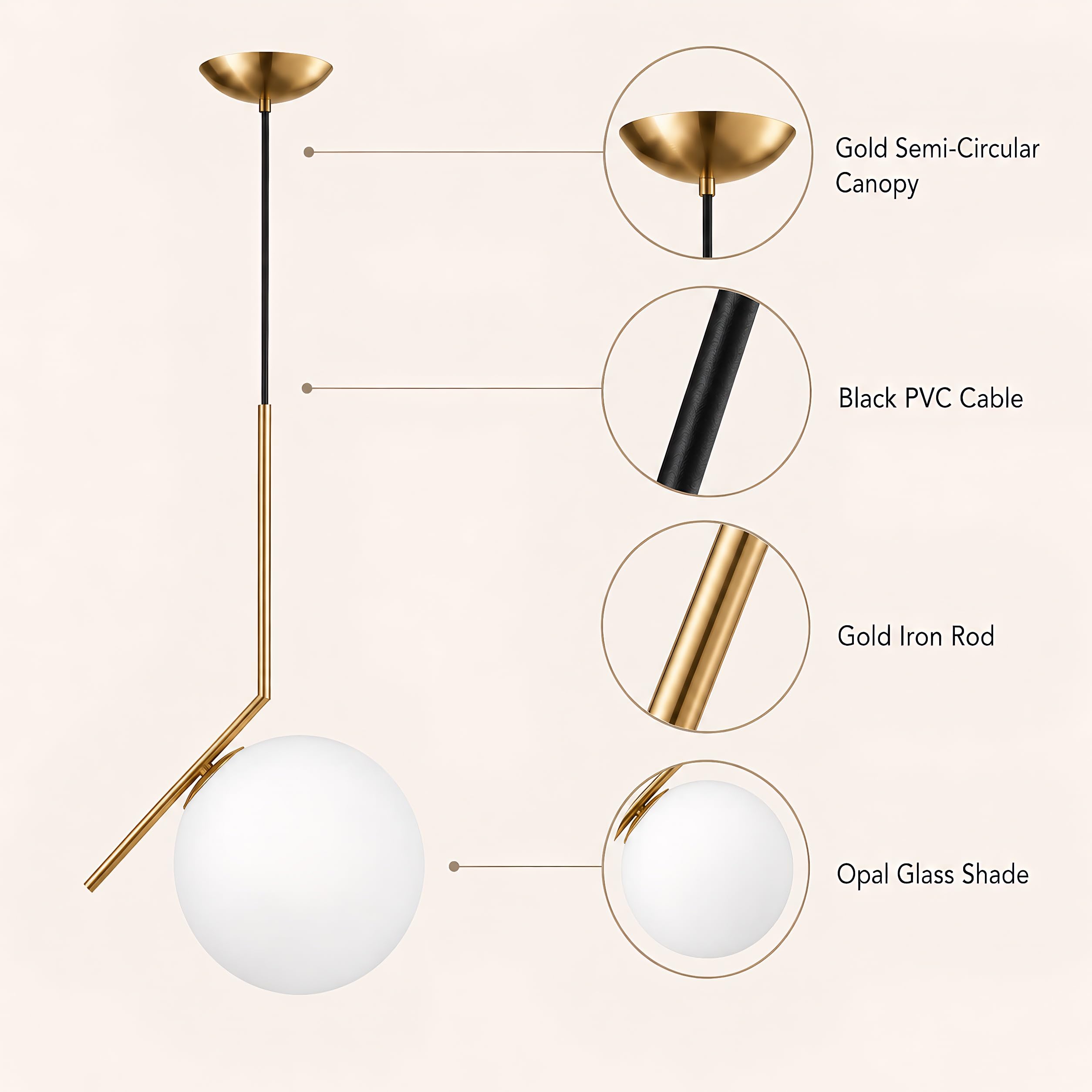 Lámpara colgante asimétrica de vidrio, Lámpara colgante E27, Globo de vidrio opalino, Barra de hierro Dorado, Cable ajustable 120cm para isla de cocina, comedor, dormitorio, cafetería (20CM)