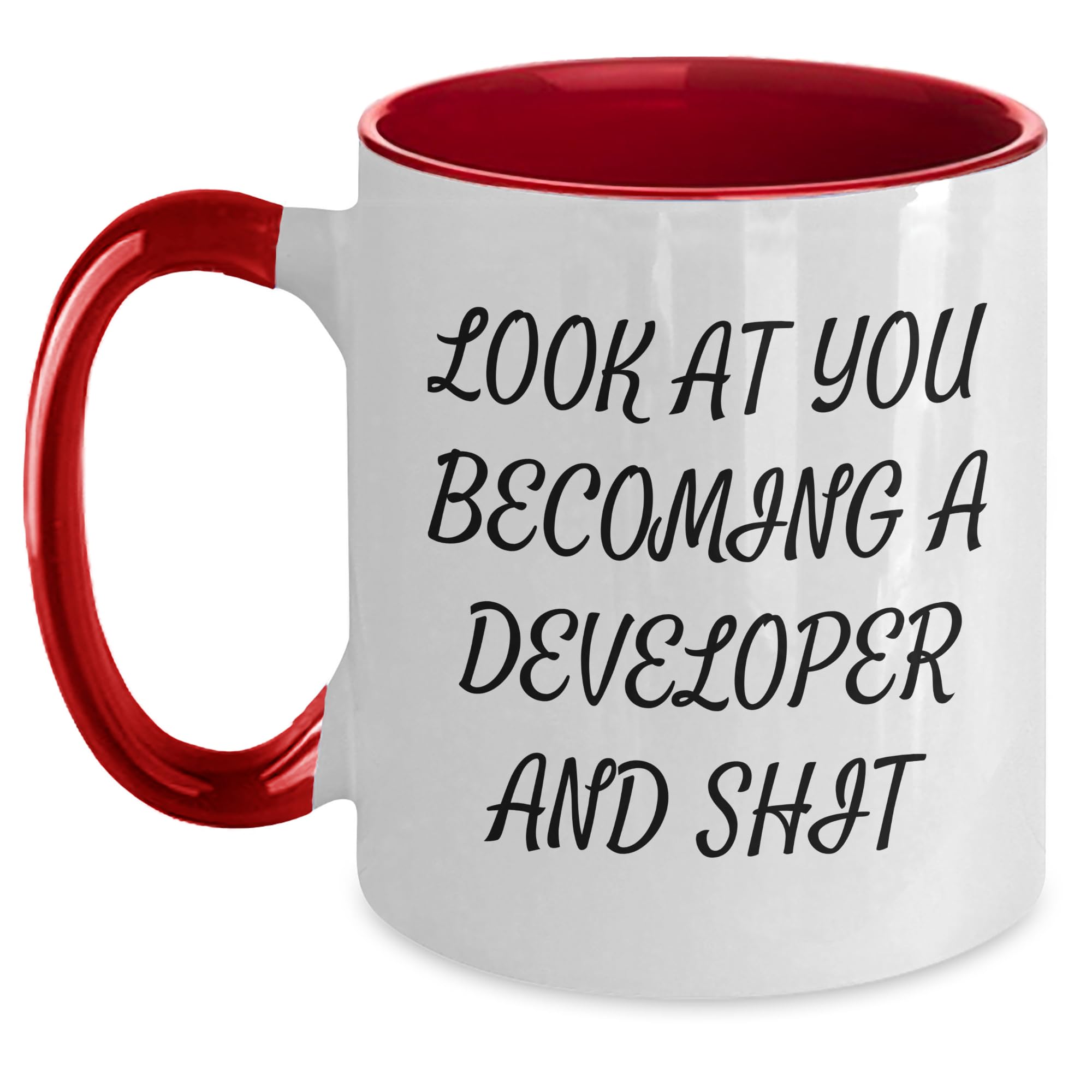 Funny Developer Two Tone Coffee Mug Gift for Becoming a Pro, Happy Birthday Wishes from Friends to Coworkers, Inspirational Quote Look at You Becoming a Developer and Shit