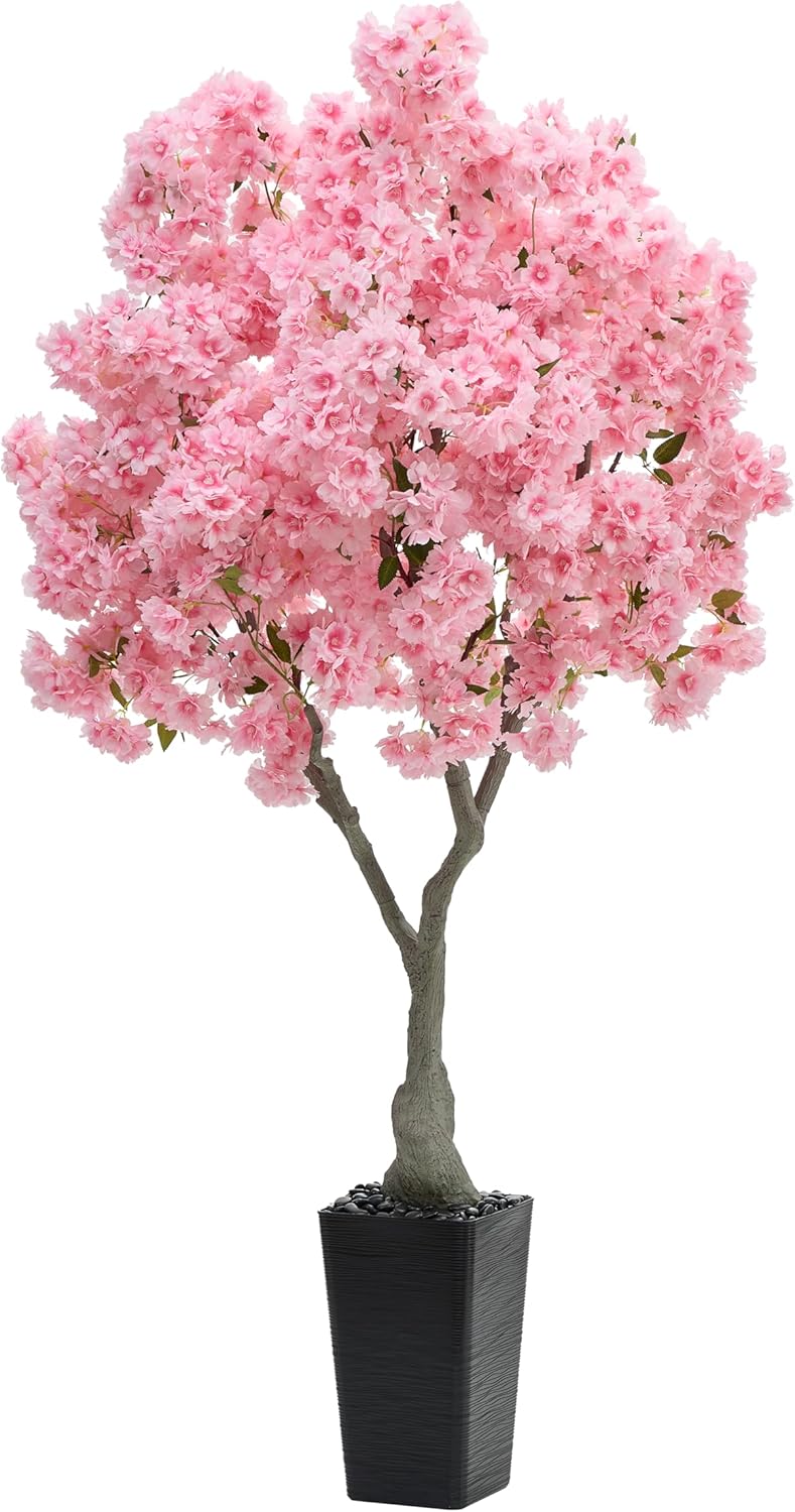 Artificial Cherry Blossom Tree, 6FT Fake Plants Indoor with Black Planter, Faux Pink Sakura Flowers Blooming Tree in Pot, Artificial Trees Silk Plant for House Room Office Entryway Porch Decor