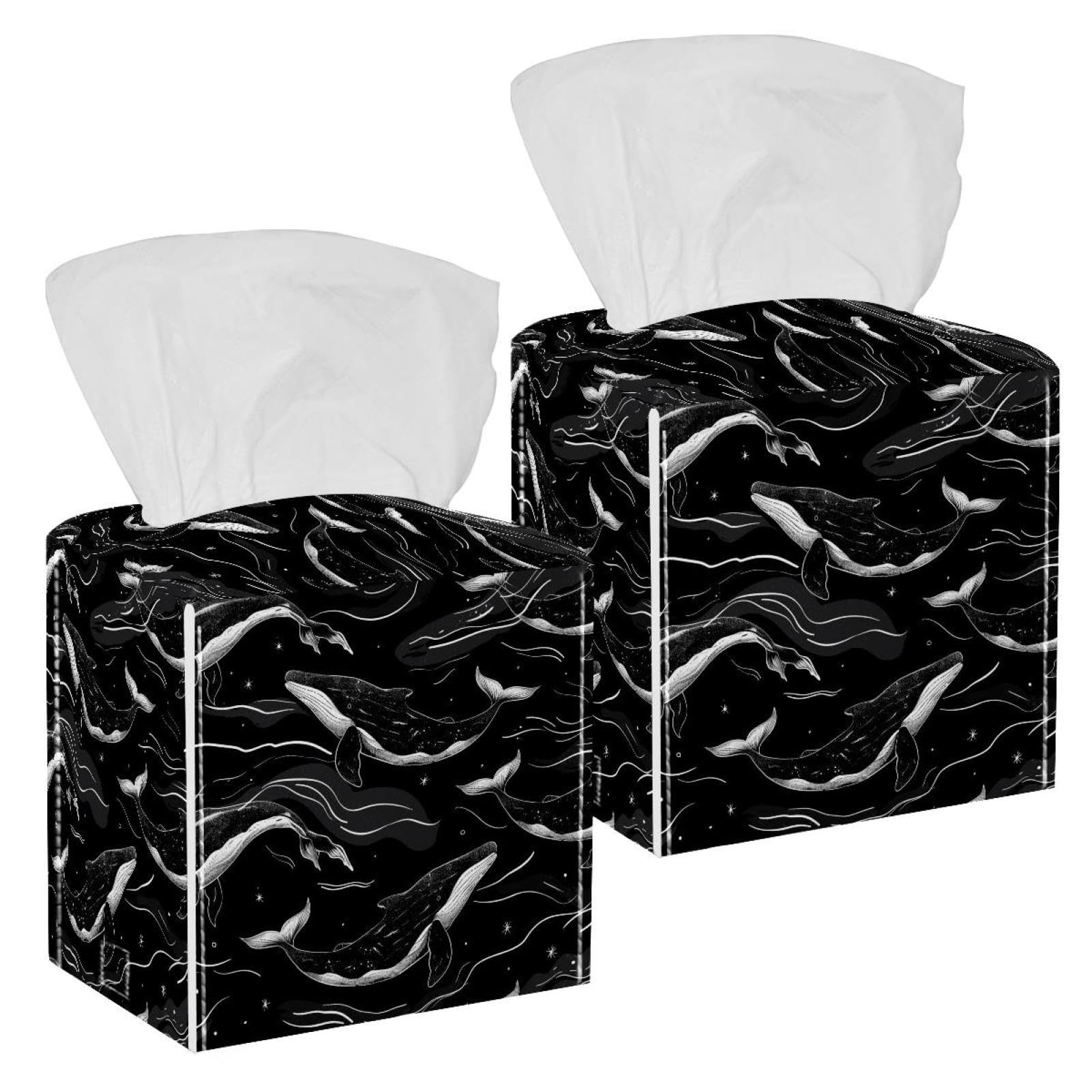 Ocean Whale Tissue Box Cover, 2 Pack PU Leather Square Facial Tissue Dispenser Box holder for Home Office Car