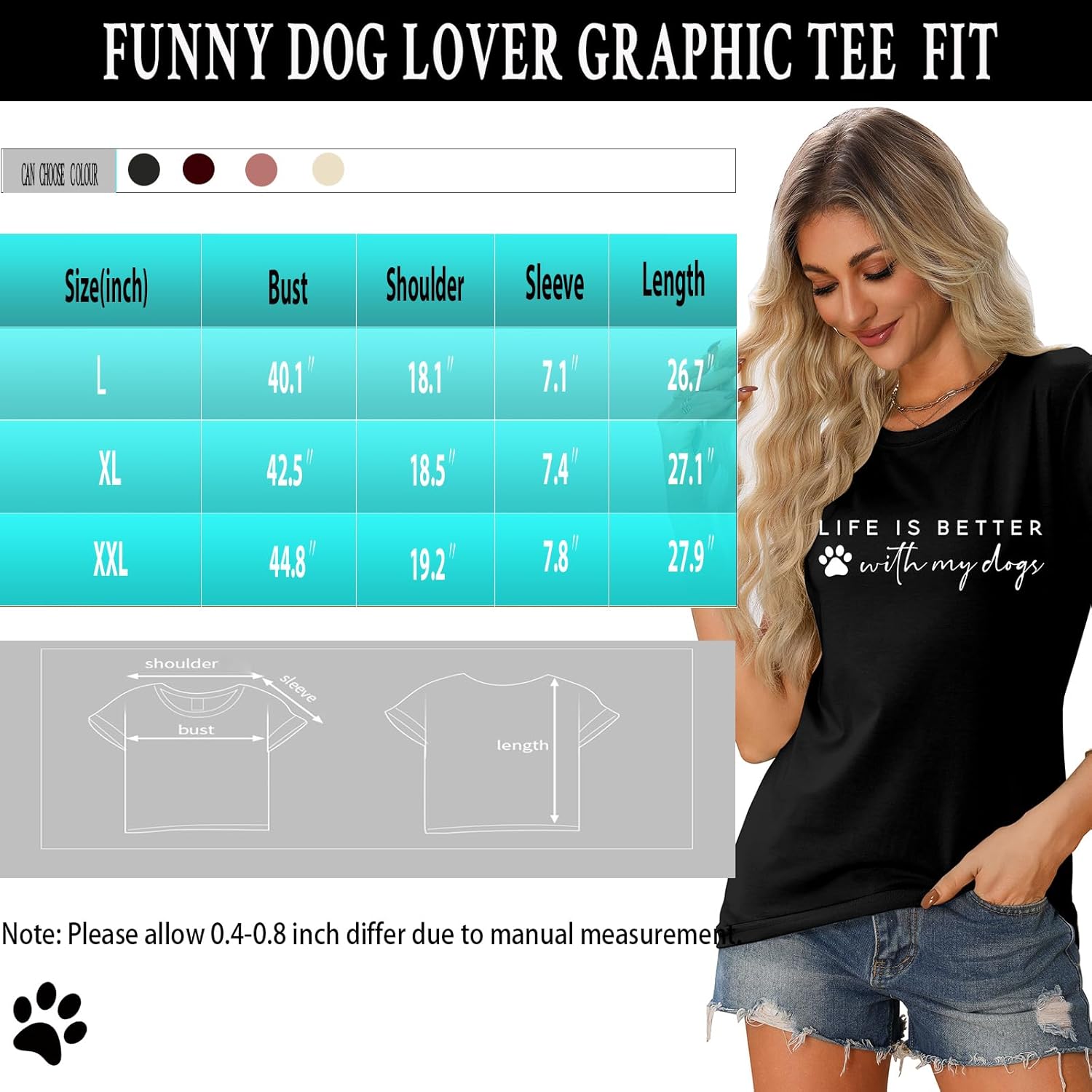 Women's Life is Better with My Dogs T-Shirt - Funny Dog Lover Graphic Tee with Cute Paw Prints, Gift for Dog Moms Casual Top - Image 7