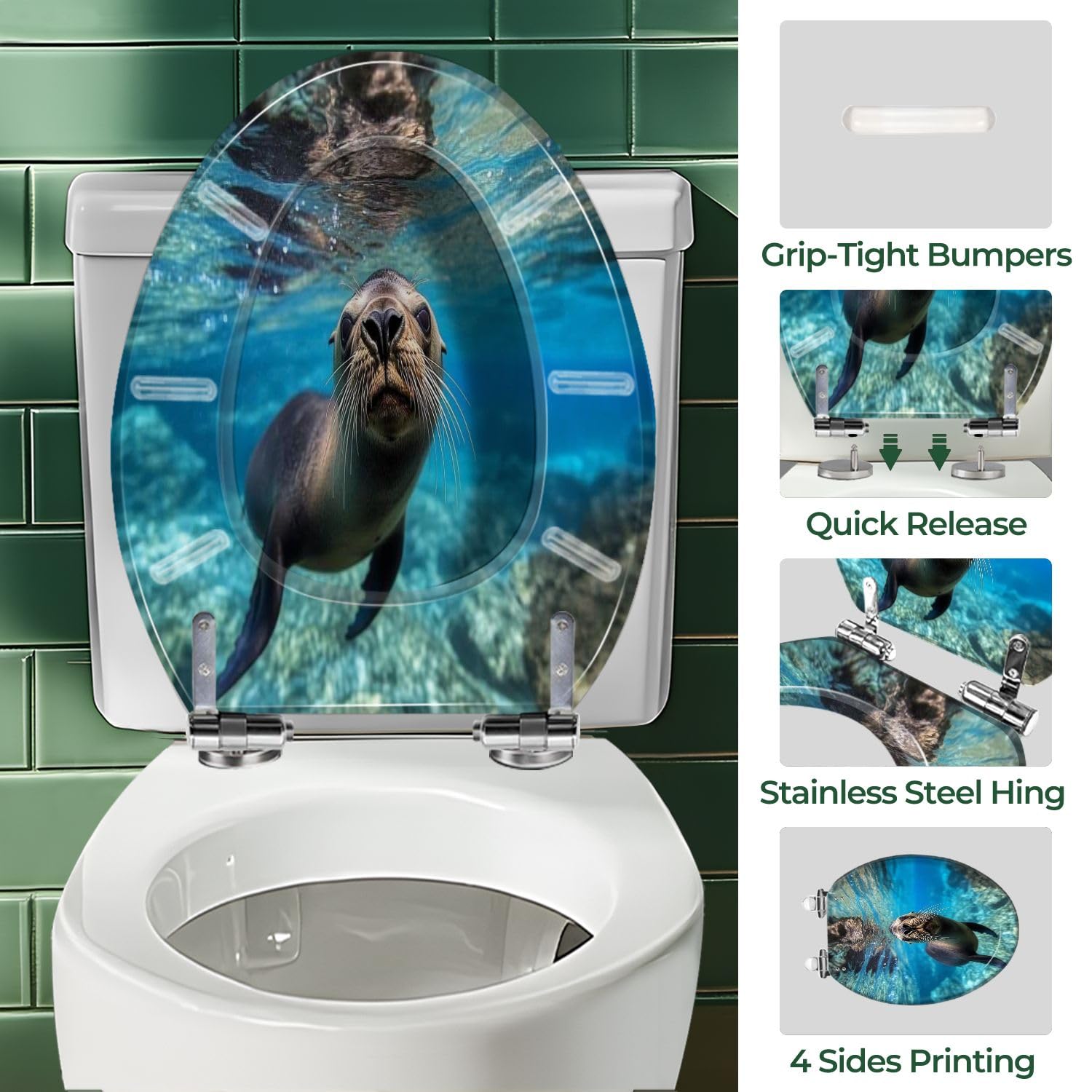 Asiento de inodoro alargado de resina con tapa para uso en el baño.