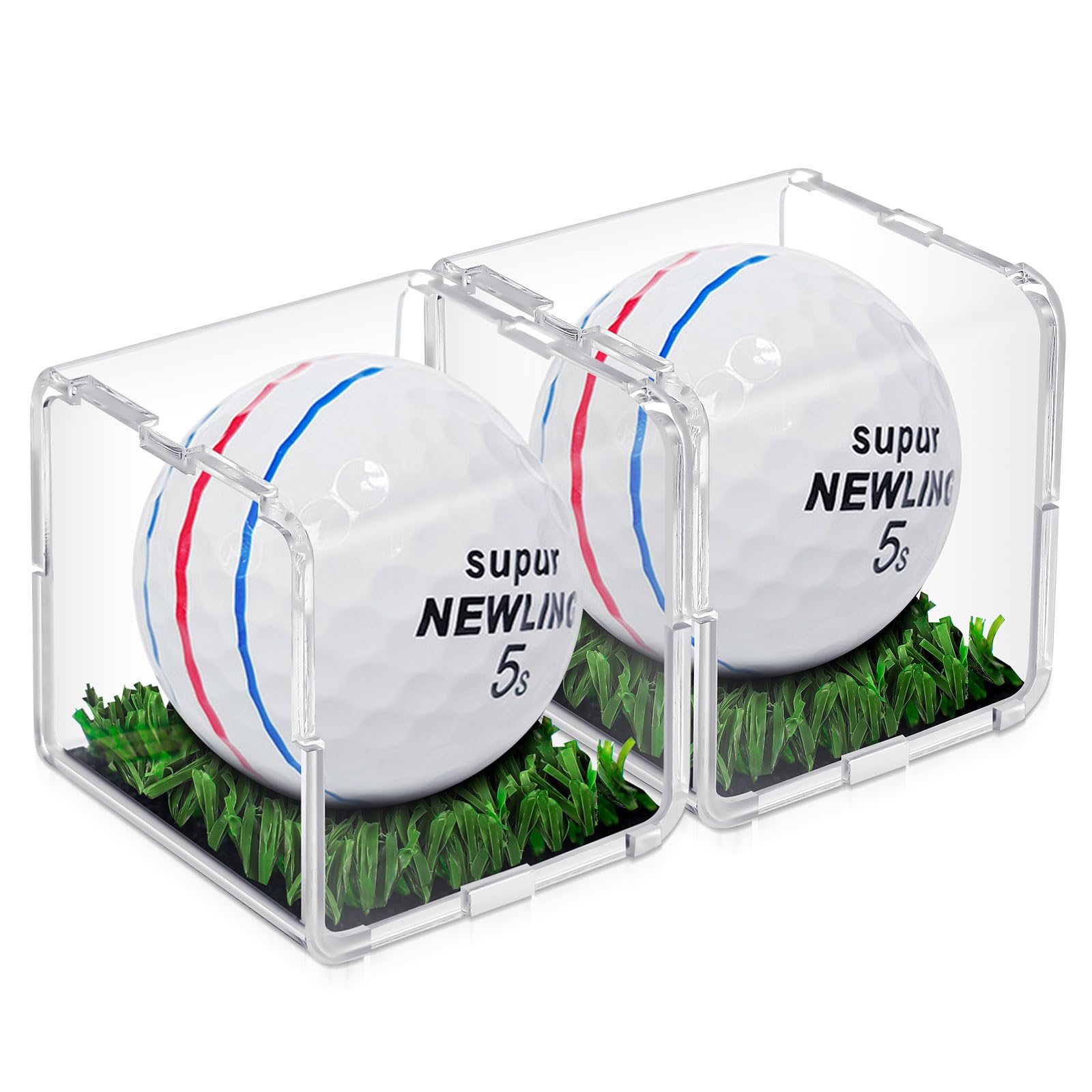 Tioncy 2 Pcs UV Protected Golf Ball Holder Display Case with Turf 2x2 x2 Inch Clear Acrylic Golf Ball Hole in one Stand Display Case Storage Box for Memorabilia Autograph Souvenir Collection