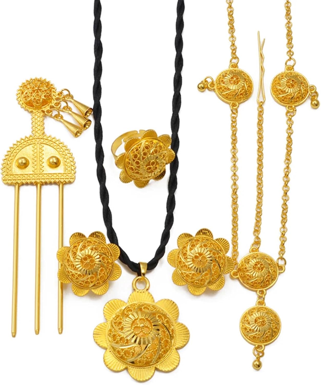 Ethiopian Jewelry for Women Set Ethiopian Jewelry sets Round Necklace Earrings Bracelet Ring Head-Chain Eritrean Traditional Wedding Ethiopian Traditional Jewelry