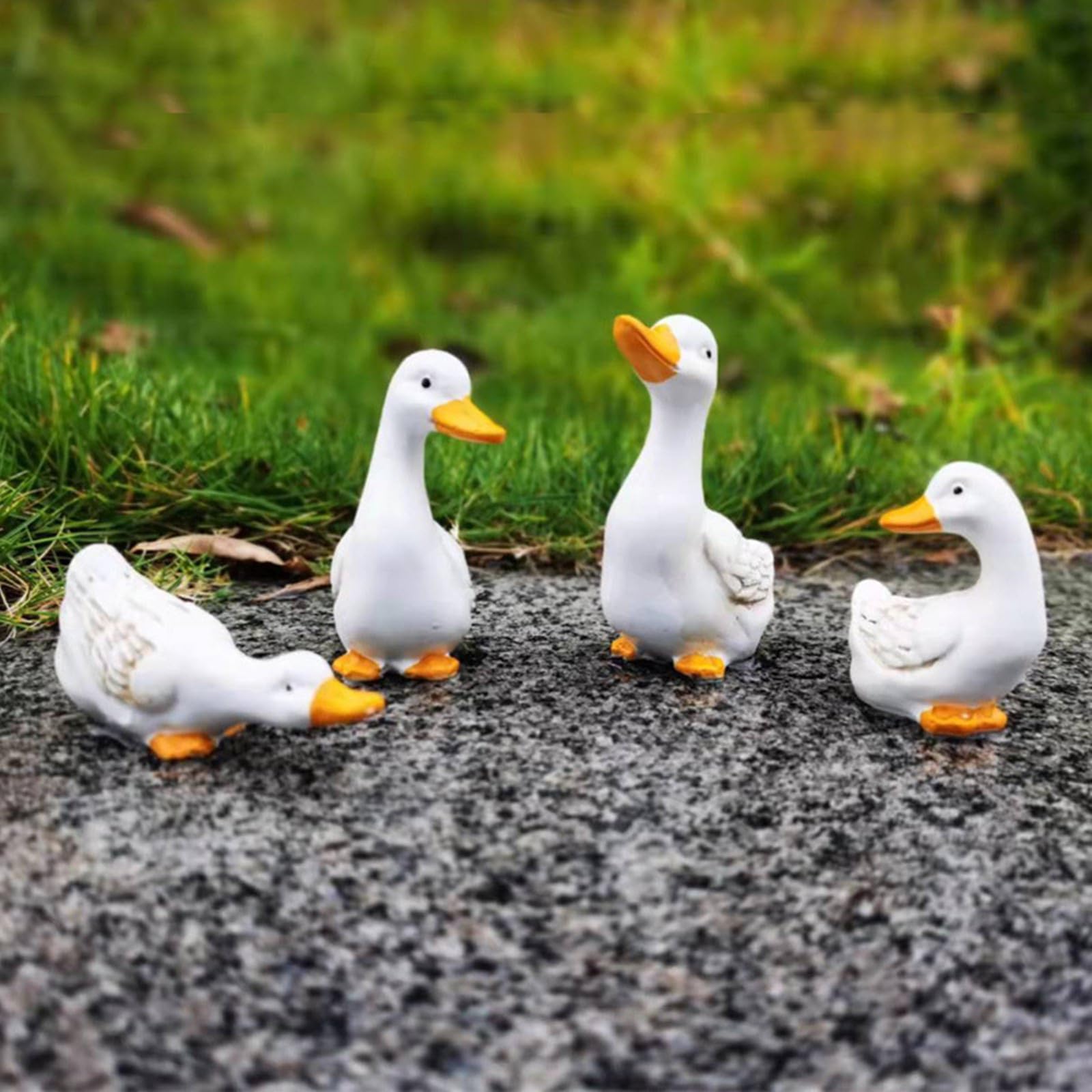 Uosia 4Pcs Cute White Duck Garden Statues Resin Ducks Fairy Garden Animals Yard Goose Outdoor Art Ornaments Funny Animal Sculpture Garden Decor