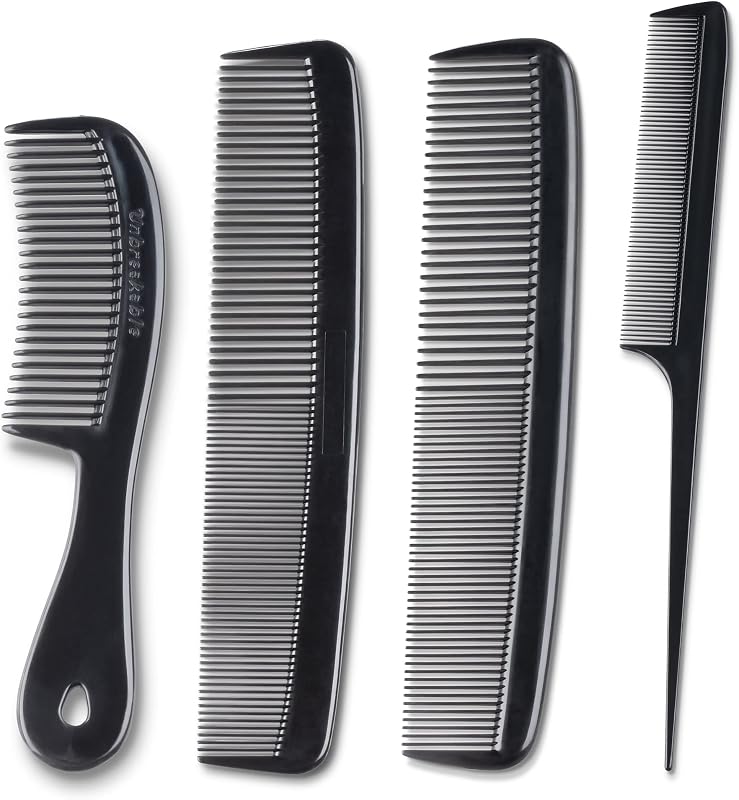 Mars Wellness 4 Piece Professional Black Comb Set for Women, Men -USA MADE | Rat tail, dresser & styling combs for teasing, parting, backcombing & sectioning. Premium grade, barber quality, black