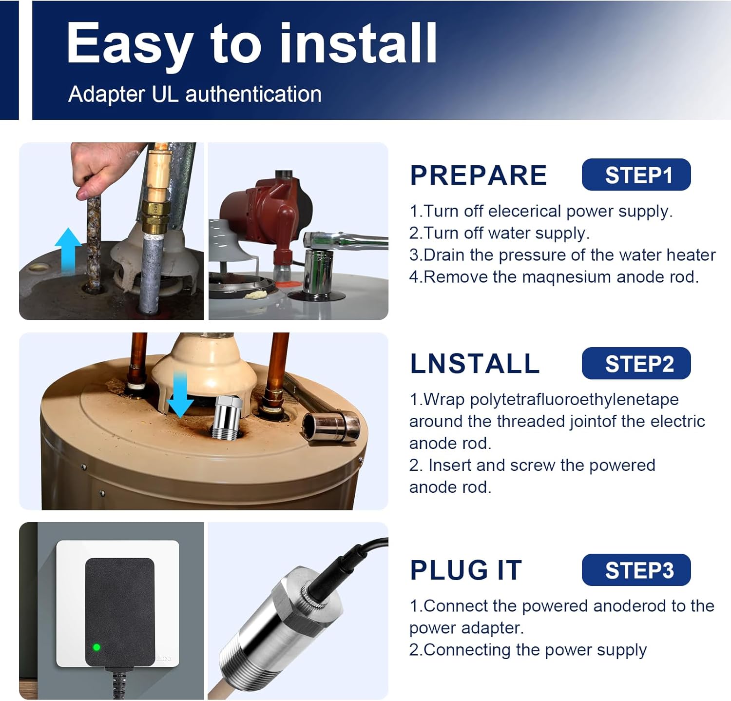 Powered Anode Rod, vattceel Water Heaters Anode Rod Titanium Anode Rod(10-45 Gallon Tank), Electrical Anode Rod,No More Sulfur/Rotten Egg Smell,Prevent Corrosion of Storage Tanks