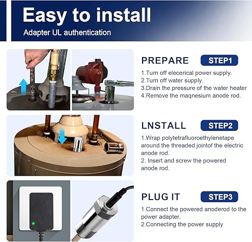Miniatura 6 de VATTCEEL Varilla de ánodo accionada para tanque de calentador de agua caliente de 4-80 galones con cinta de teflón, varilla de ánodo eléctrico de