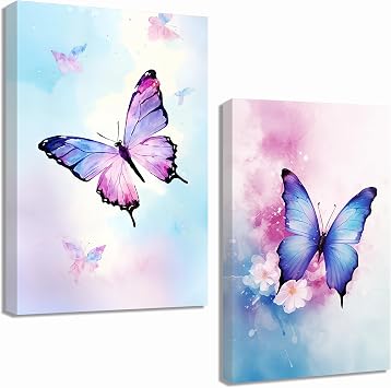 QIXIANG Butterfly Canvas Wall Art - 2 Pieces Pink and Blue Butterfly Watercolor Picture Prints for Girls Room Bedroom Decor - Framed 11.00" x 14.00"