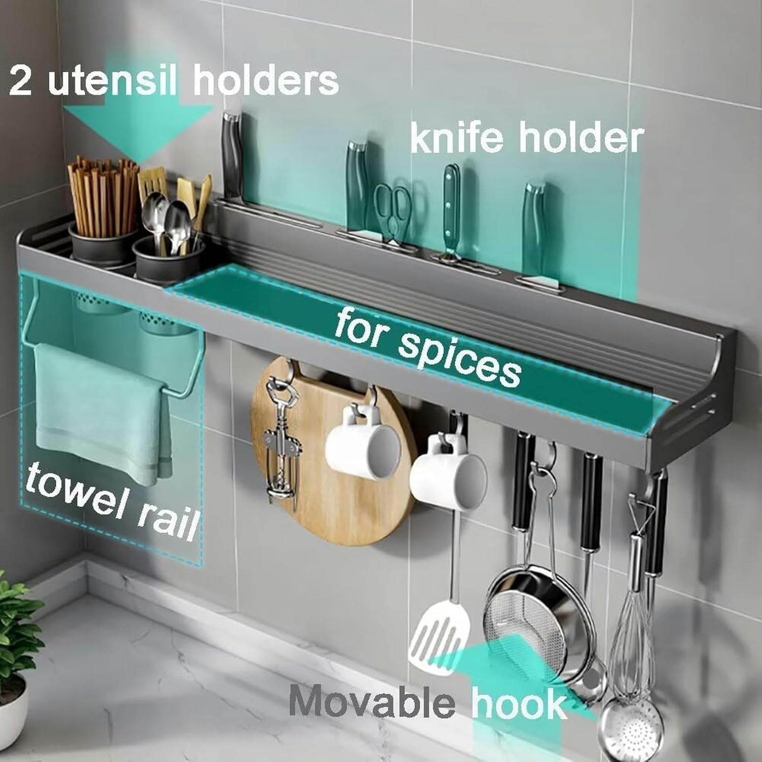 Organizer for Portaspezie A Parete - Ripiani Da Cucina In Metallo Con Installazione Senza Chiodi for Spezie, Erbe E Condimenti