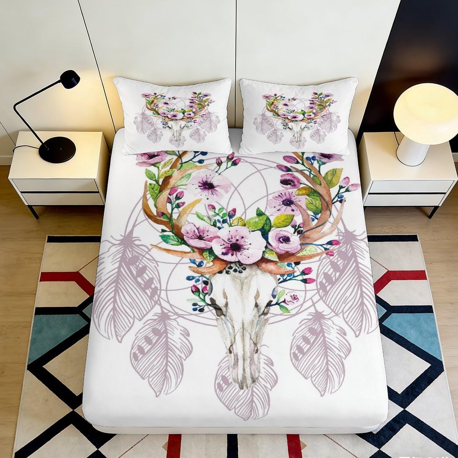 3D Printed Floral Deer Skull Fitted Sheet Microfiber Soft Breathable Dreamcatcher Bed Cover for Bedroom Dormitory Guest Room Mattress Protection 140x200x25cm