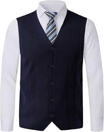 Mens Wool Blend Gilets V Neck Sleevless Knitted Waistcoat Buttons-up Plain Sweater Vest Gentleman Knitwear Cardigans