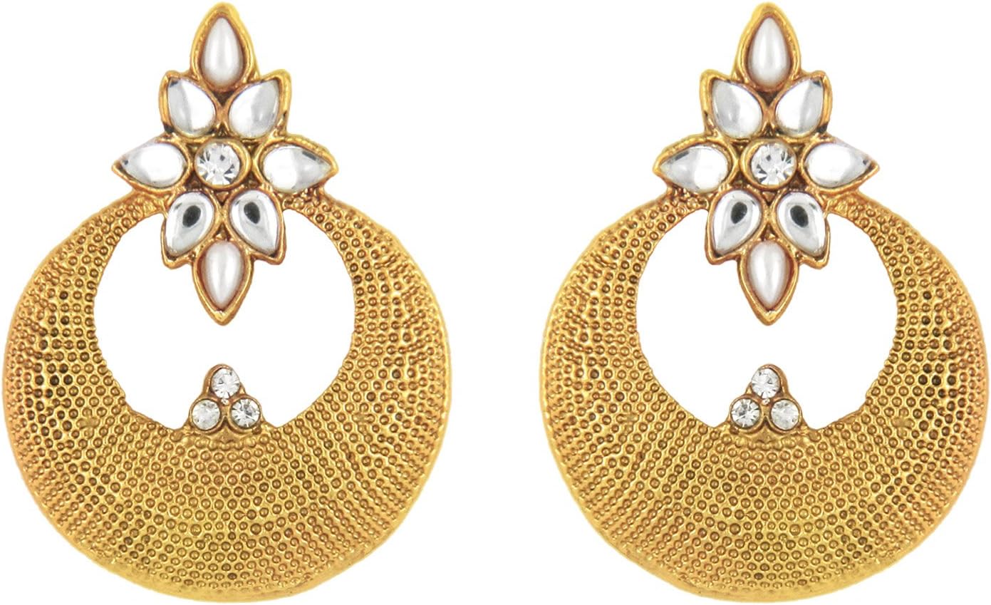 Floral White Kundan Round Gold Plated Dangler Earings with crystal stones by Parisha Jewells ER7090022