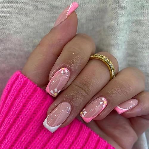 Miniatura 1 de Uñas postizas a presión de punta francesa mediana rosa con diseño floral, uñas acrílicas de verano de cobertura completa, uñas postizas brillantes