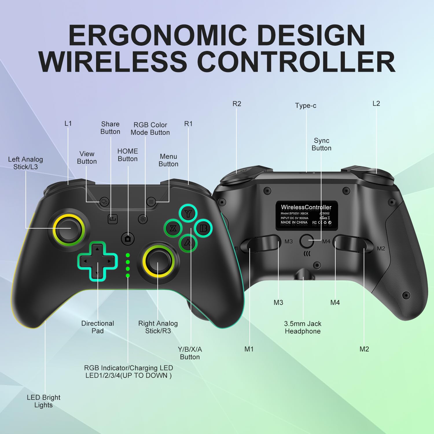 SWCTIM Xbox Controller Wireless für Xbox One, Xbox Series X/S, Xbox One X/S,2.4GHz RGB LED Licht Wireless Controller mit 3.5mm Kopfhörerbuchse,Schwarz