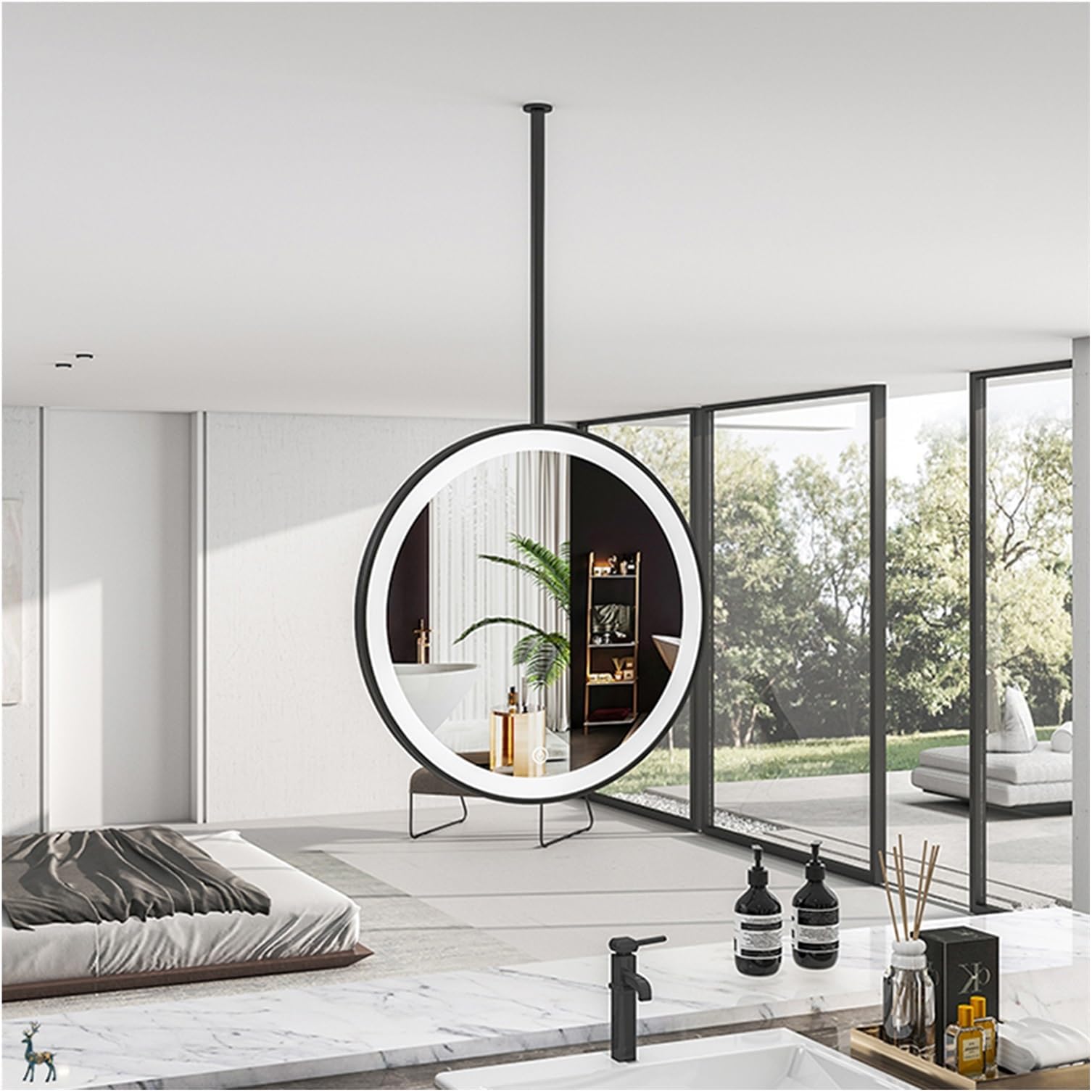 Ceiling Hanging Mirror with LED Light, Round Metal Ceiling Mounted Mirror, Suitable for Entrance Cloakroom and Home Decoration(Black,60x60cm)