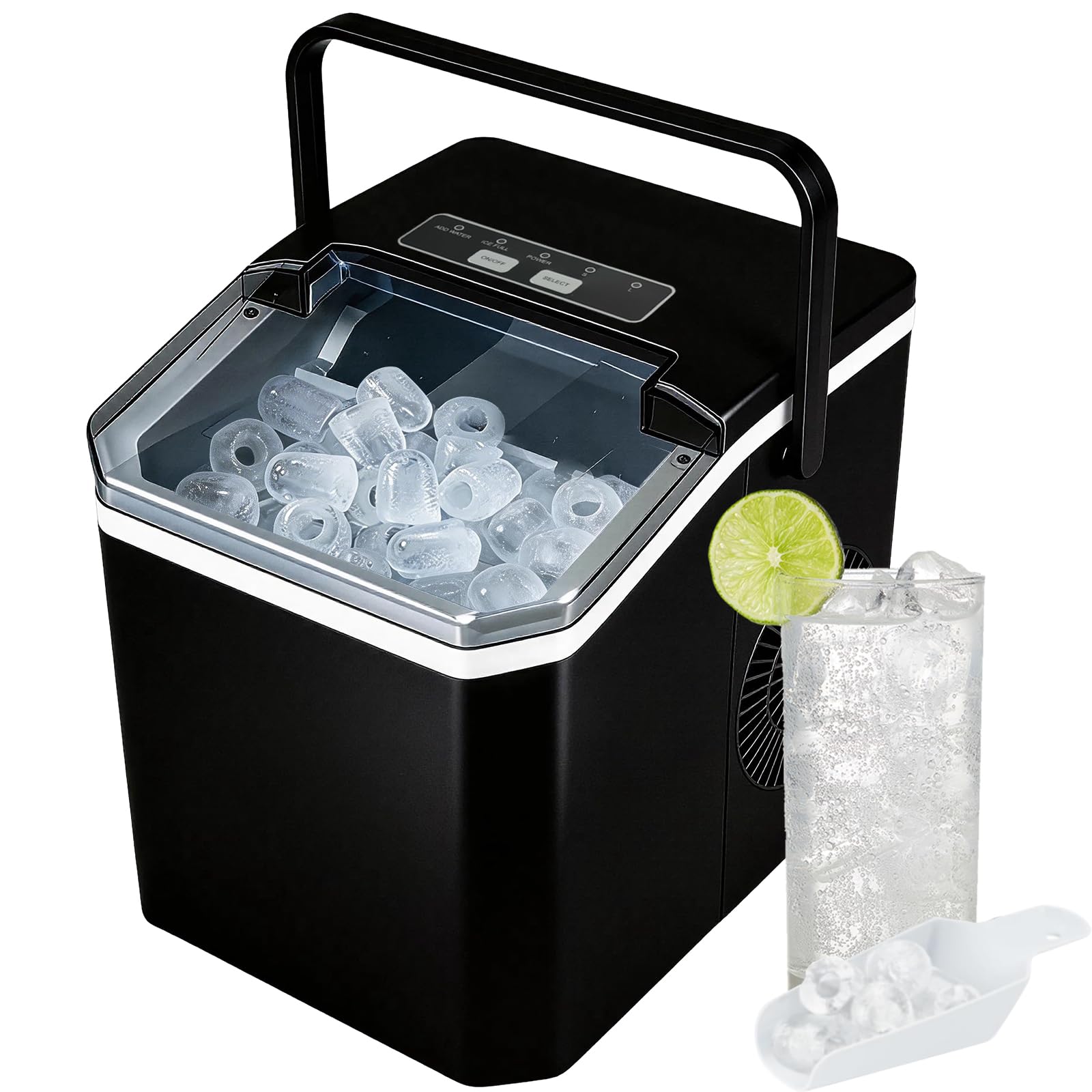 Ice Maker Machine Portable Countertop 2 Bullet Ice Sizes Cubes in 6 Minutes 14KG in 24H with Scoop Basket Self-Cleaning for Home Kitchen Office Party Bar RV (Black)