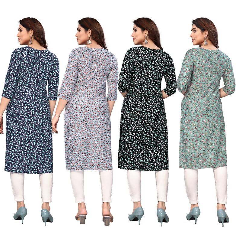 Image of JAKHANA Women's Crepe Printed Casual Straight Calf Length Round Nick Kurta Pack of 4