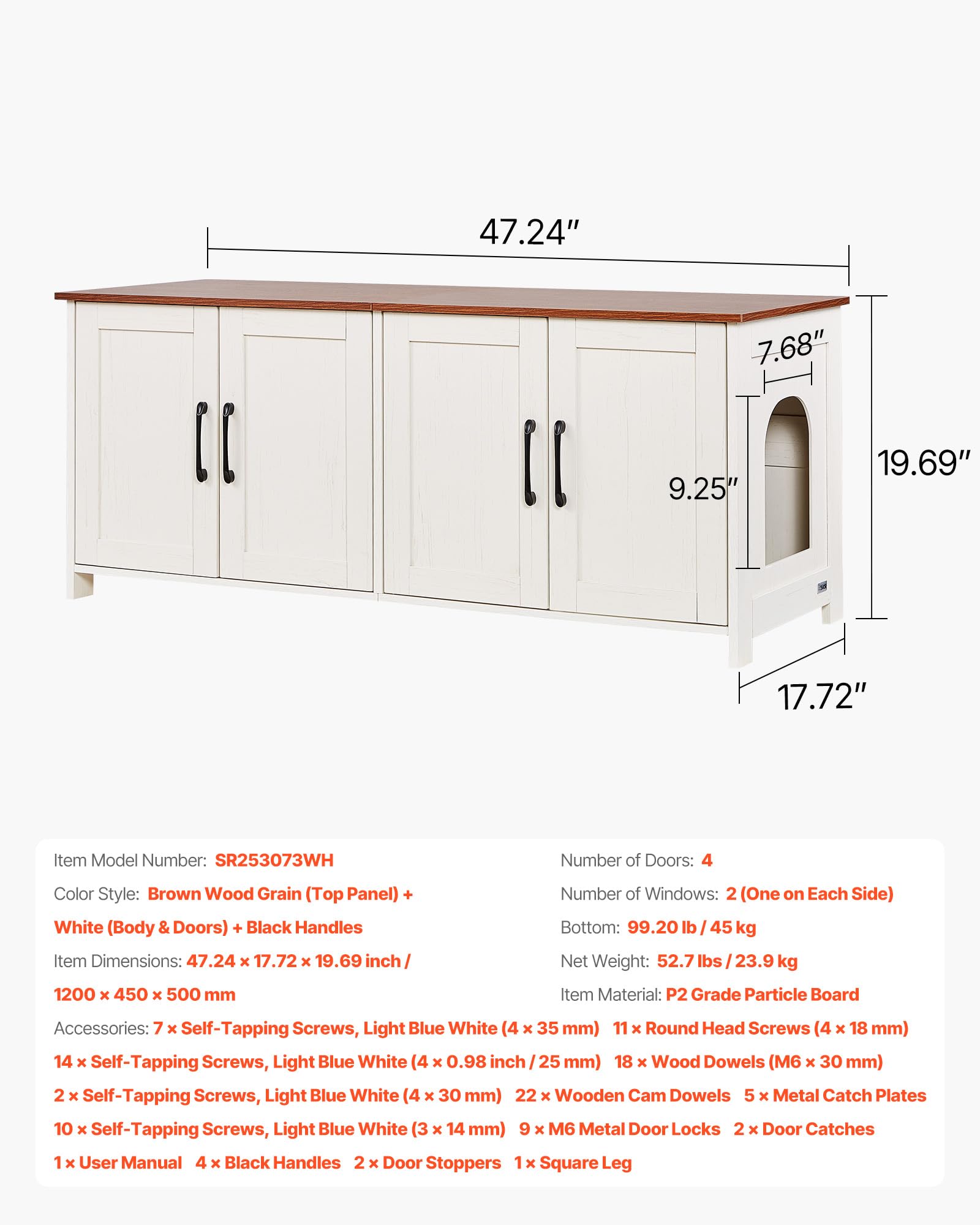 VEVOR Mobile Lettiera per Gatti, Mobiletto Nascosto da 1200 mm con 4 Porte e 2 Ingressi, Mobile da Lettiera in Legno per Gatti, Adatto alla Maggior Parte delle Lettiere, Marrone e Bianco