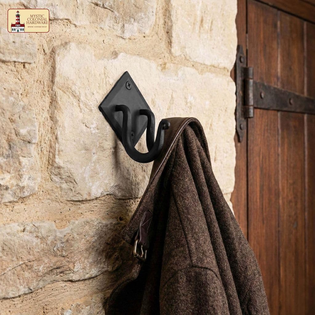 Mystic Colonial Rustic Hand Forged Iron Wall Hook with Two Hangers: Ideal for Victorian, Colonial, Retro, Steampunk, Gothic, and Baroque Settings 8.8 cm Black Pack of 10