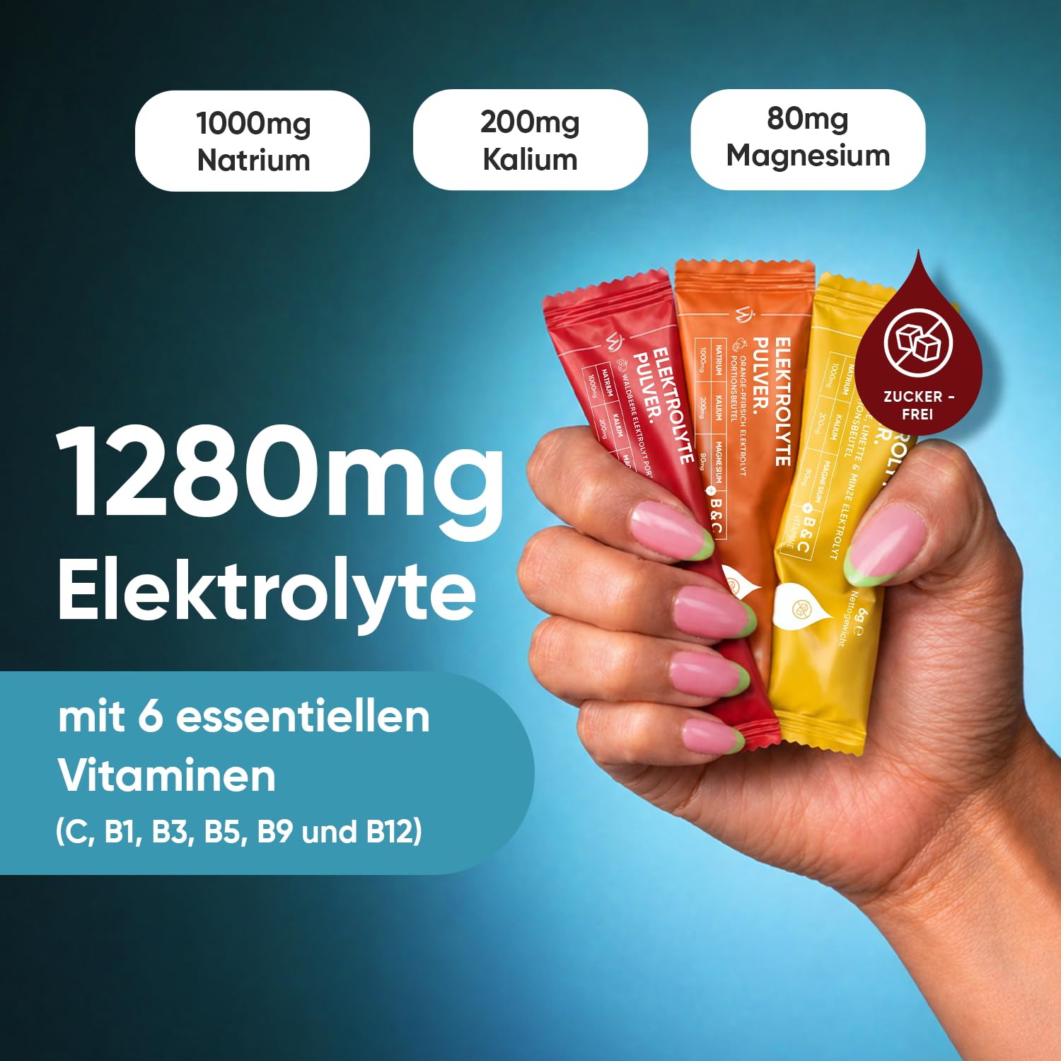 WeightWorld Zuckerfrei Elektrolyte Pulver - 1280mg Electrolyte pro Beutel | Mit 6 Vitamine & 3 Minerale, Vitamin C, B1, B3, B5, B9, B12, Magnesium, Kalium, Natrium, 3 Geschmacksrichtungen, 30 Beutel