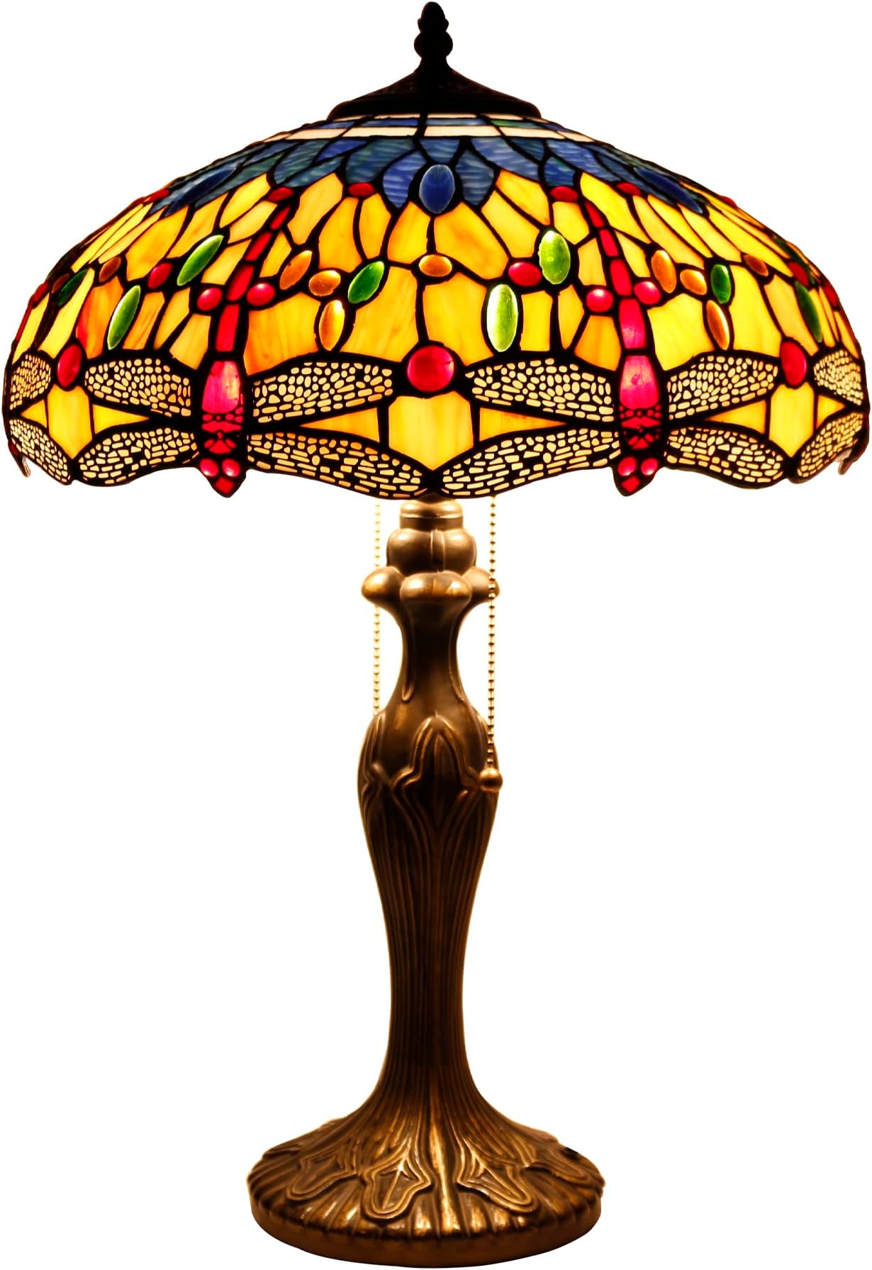 WERFACTORY Tiffany Style Table Lamp Stained Glass Bedside Lamp Orange Blue Dragonfly 16X16X24 Inches Desk Reading Light Metal Base Decor Bedroom Living Room Home Office S168 Series